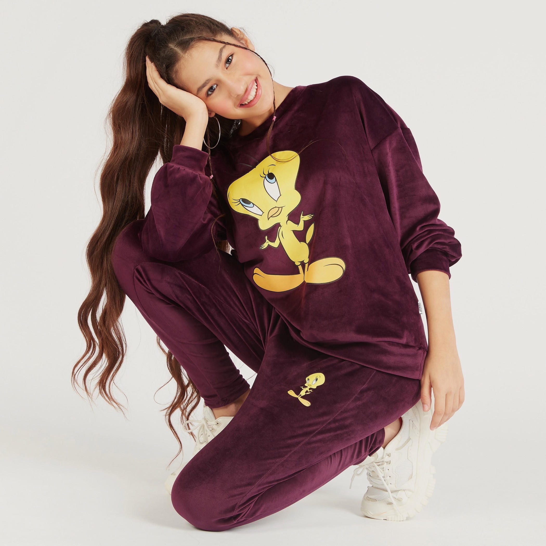 سويت شيرت بارز الملمس بياقة ضيقة وأكمام طويلة وتصميم تويتي-women-winterwear-hoodiesandsweatshirts-sweatshirts-image-1
