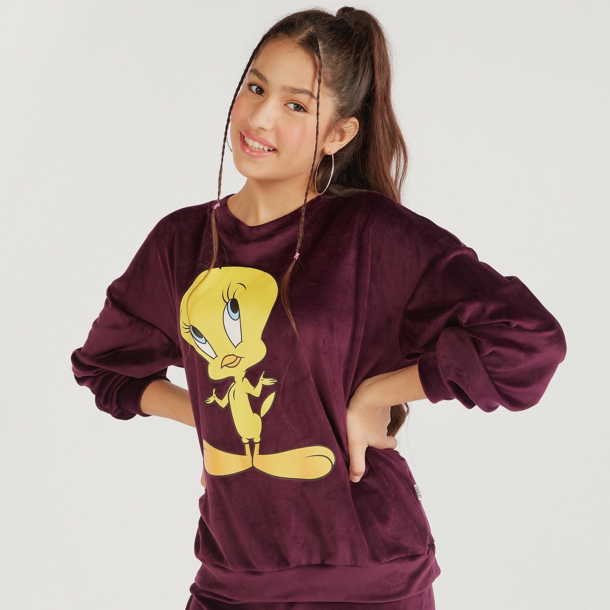 سويت شيرت بارز الملمس بياقة ضيقة وأكمام طويلة وتصميم تويتي-women-winterwear-hoodiesandsweatshirts-sweatshirts-image-5