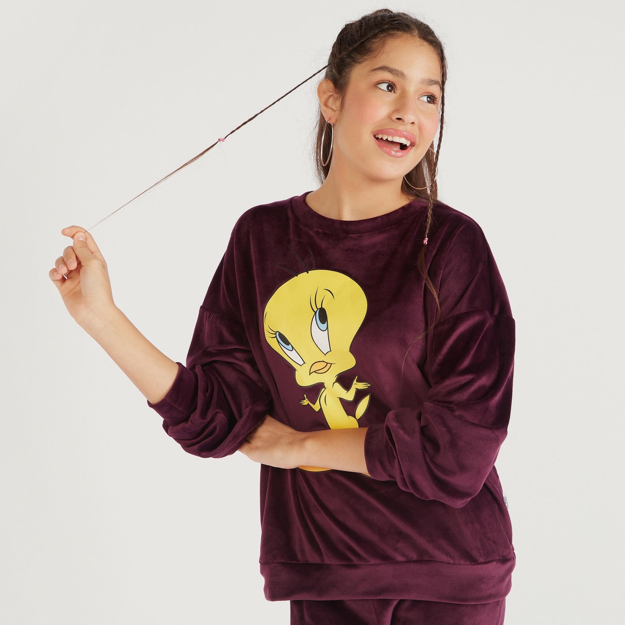 سويت شيرت بارز الملمس بياقة ضيقة وأكمام طويلة وتصميم تويتي-women-winterwear-hoodiesandsweatshirts-sweatshirts-image-6