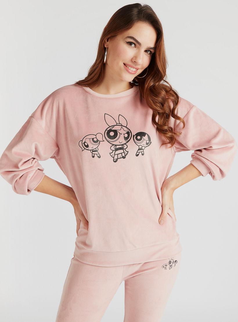 Power Puff Girls Print Crew Neck Sweatshirt with Long Sleeves-women-winterwear-hoodiesandsweatshirts-sweatshirts-image-1