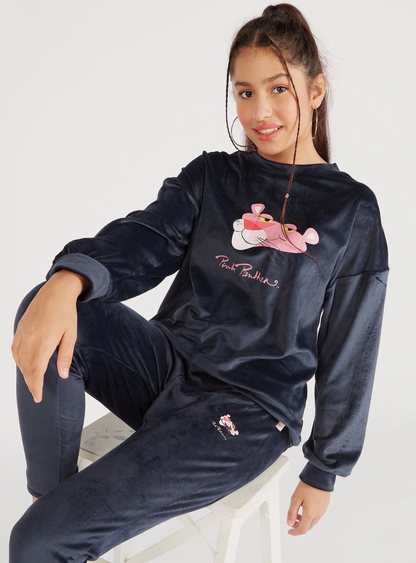سويت شيرت بارز الملمس بياقة ضيقة وأكمام طويلة وتصميم بينك بانتر-women-winterwear-hoodiesandsweatshirts-sweatshirts-image-1