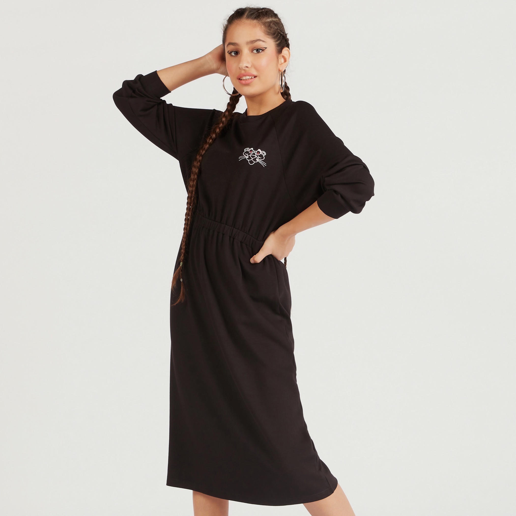فستان ميدي واسع بتصميم بينك بانتر وأكمام طويلة وخصر مطاطي-women-clothing-dresses-image-1
