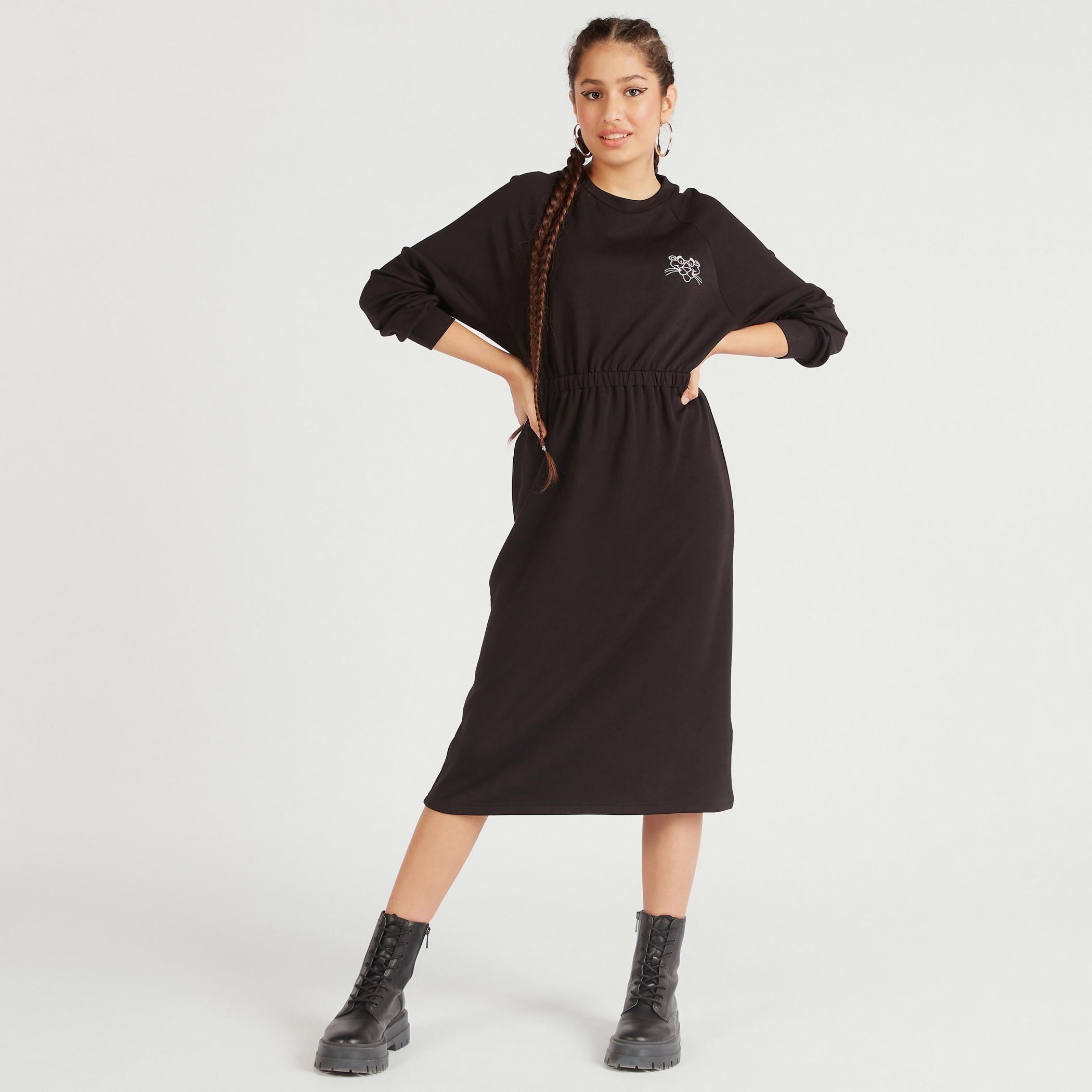 فستان ميدي واسع بتصميم بينك بانتر وأكمام طويلة وخصر مطاطي-women-clothing-dresses-image-2