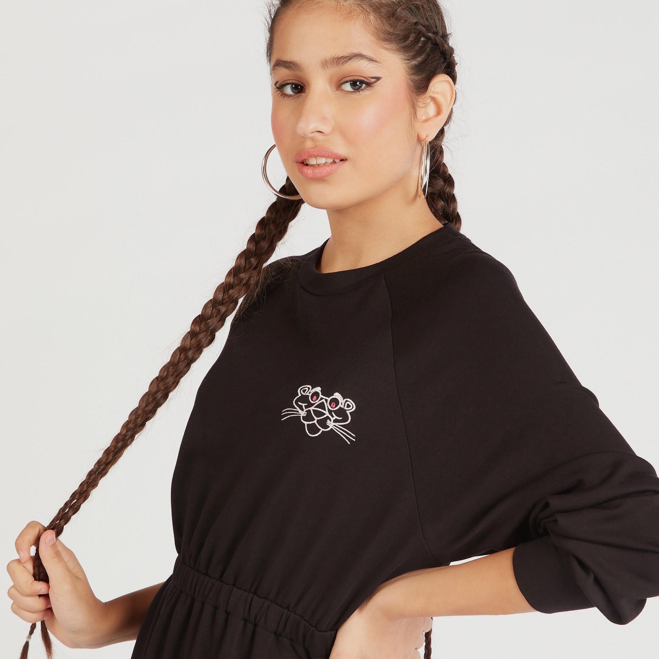 فستان ميدي واسع بتصميم بينك بانتر وأكمام طويلة وخصر مطاطي-women-clothing-dresses-image-3