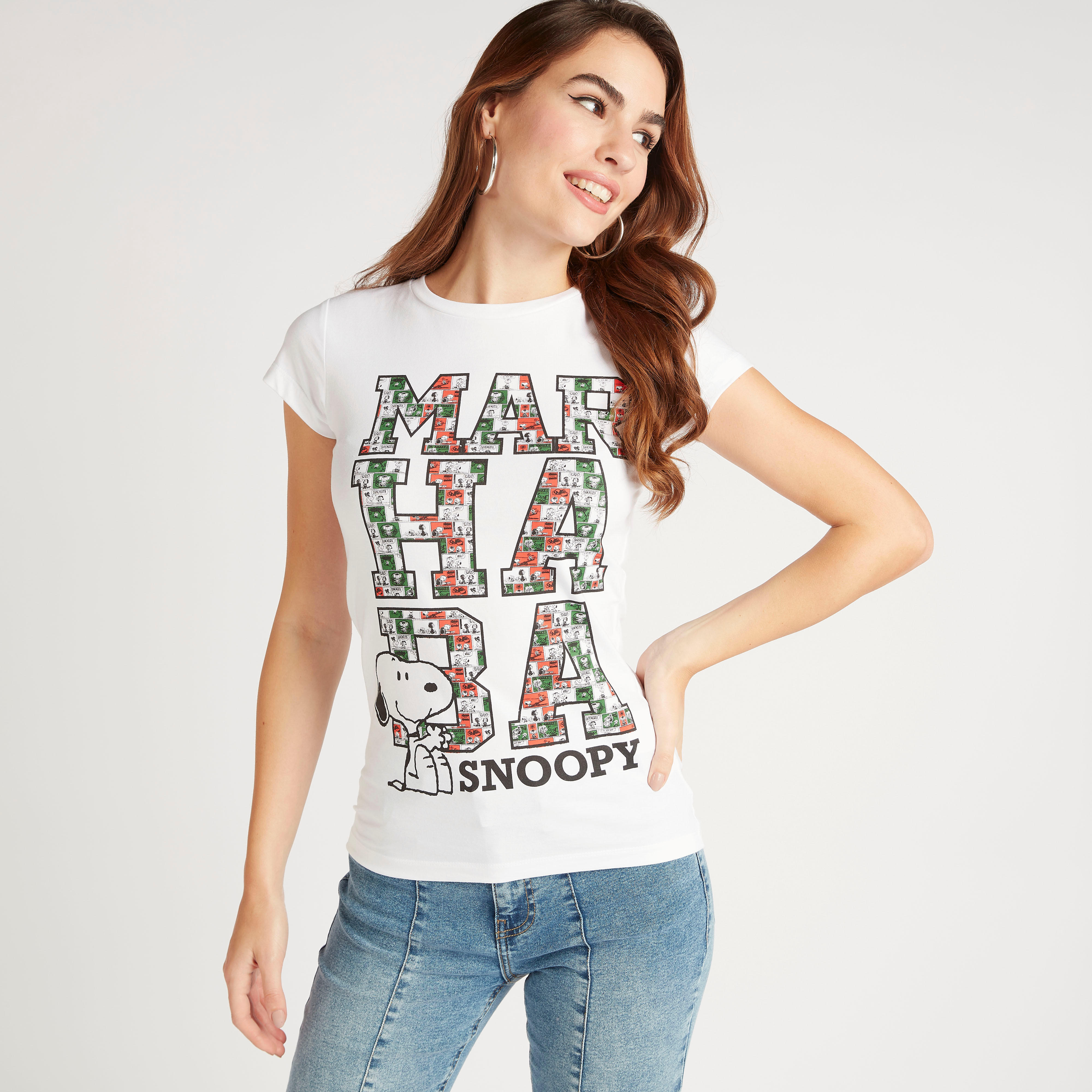 Snoopy Print Crew Neck T-shirt with Cap Sleeves-women-clothing-tshirts-image-1