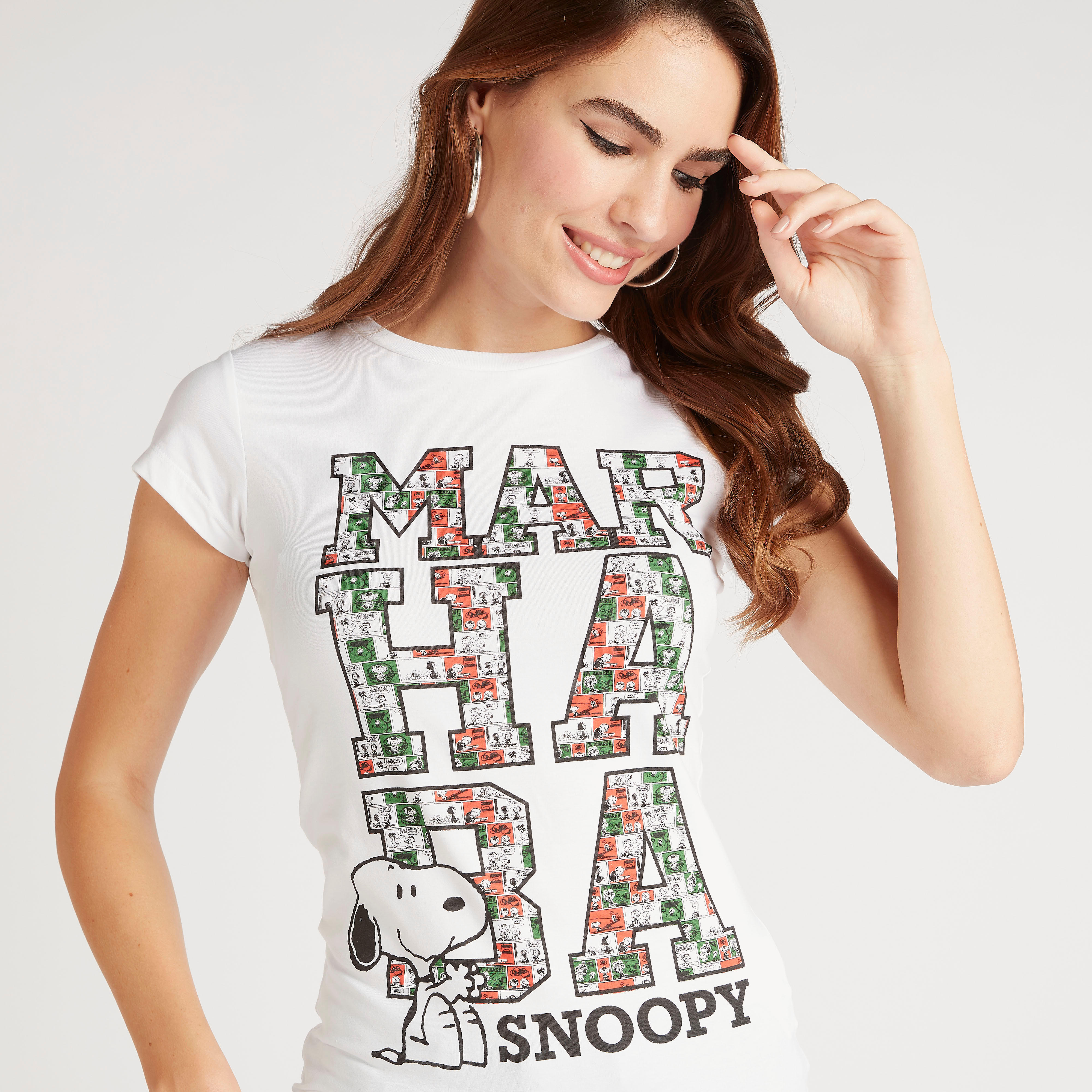 Snoopy Print Crew Neck T-shirt with Cap Sleeves-women-clothing-tshirts-image-3