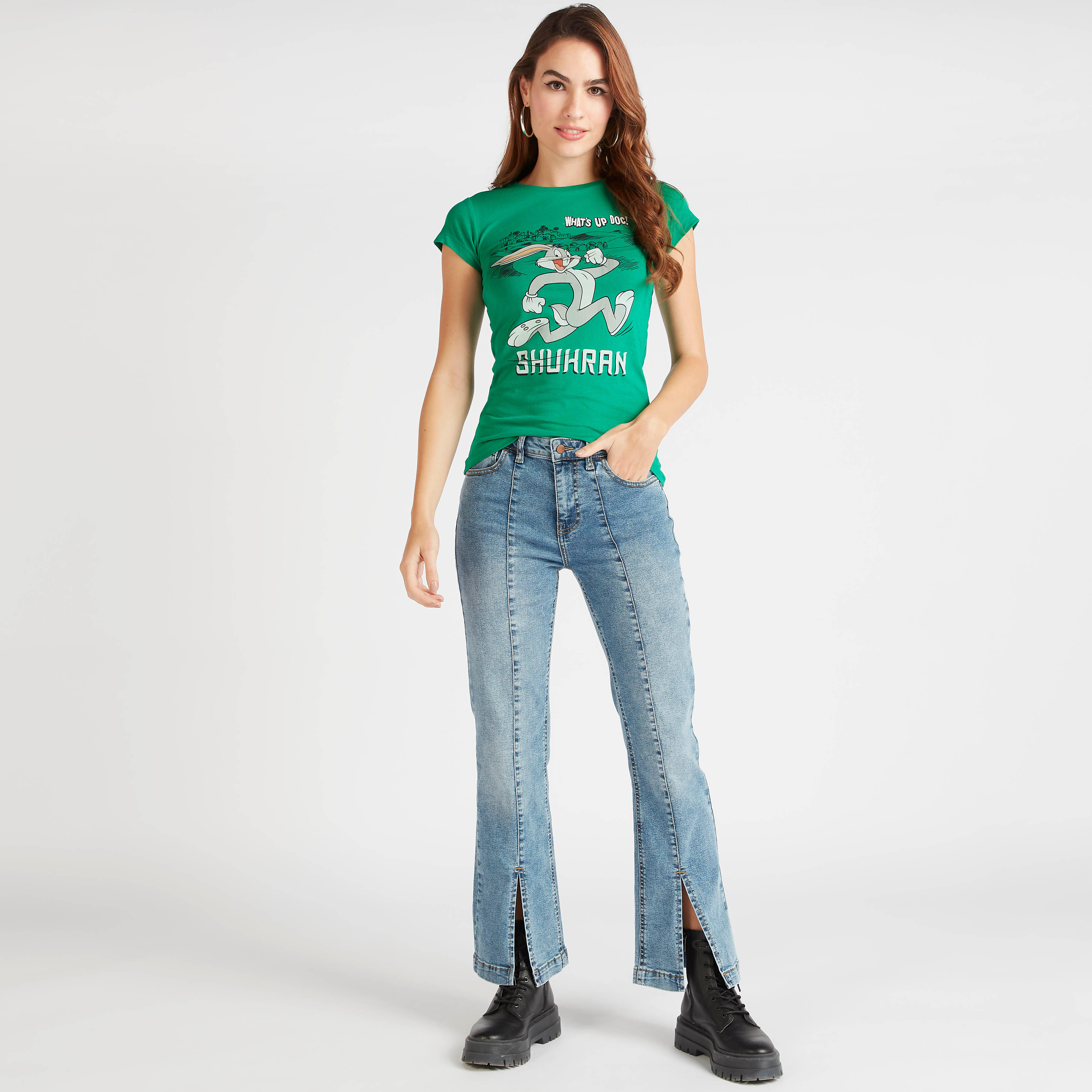 Bugs Bunny Print Crew Neck T-shirt with Cap Sleeves-women-clothing-tshirts-image-2