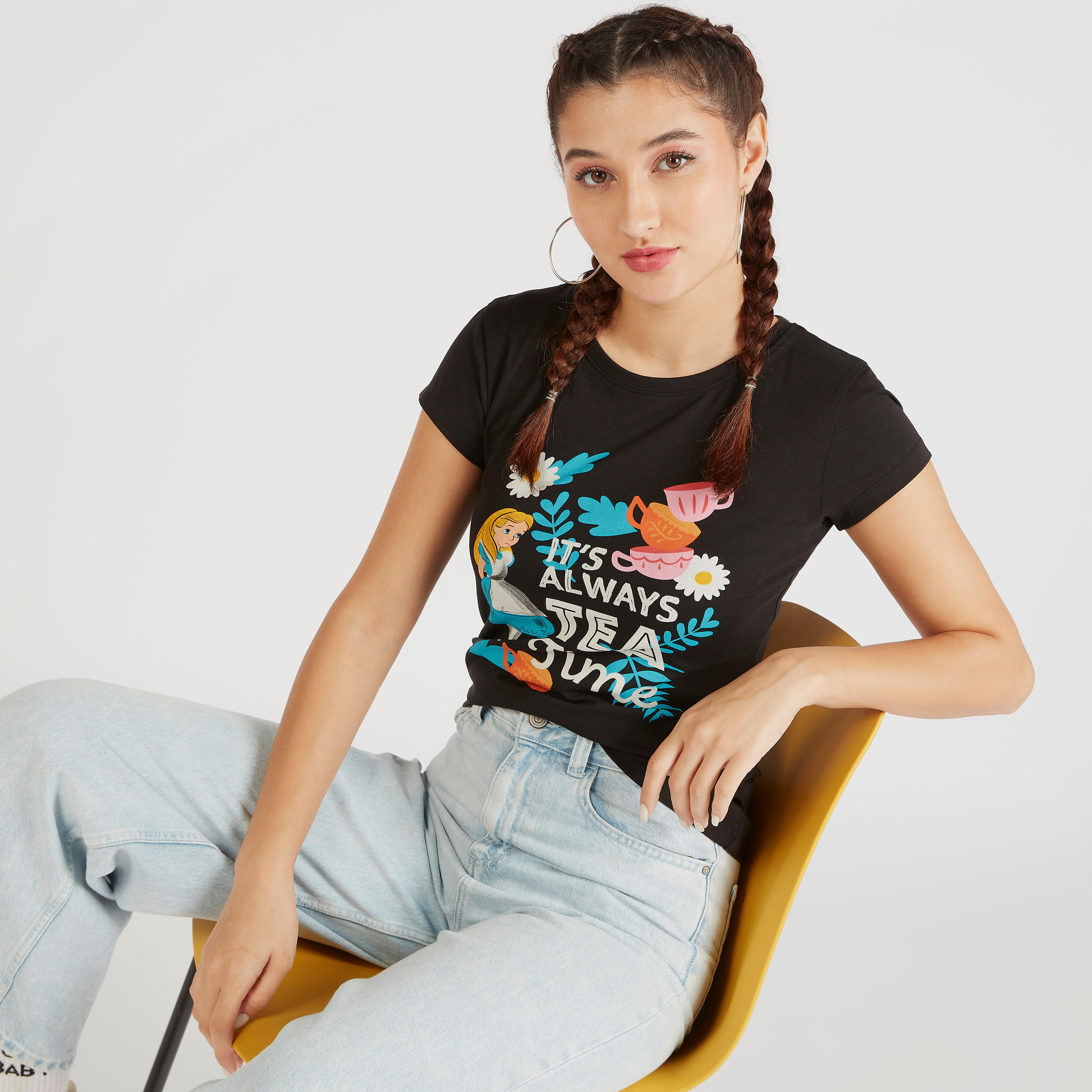 Alice in Wonderland Print Crew Neck T-shirt with Cap Sleeves-women-clothing-tshirts-image-1