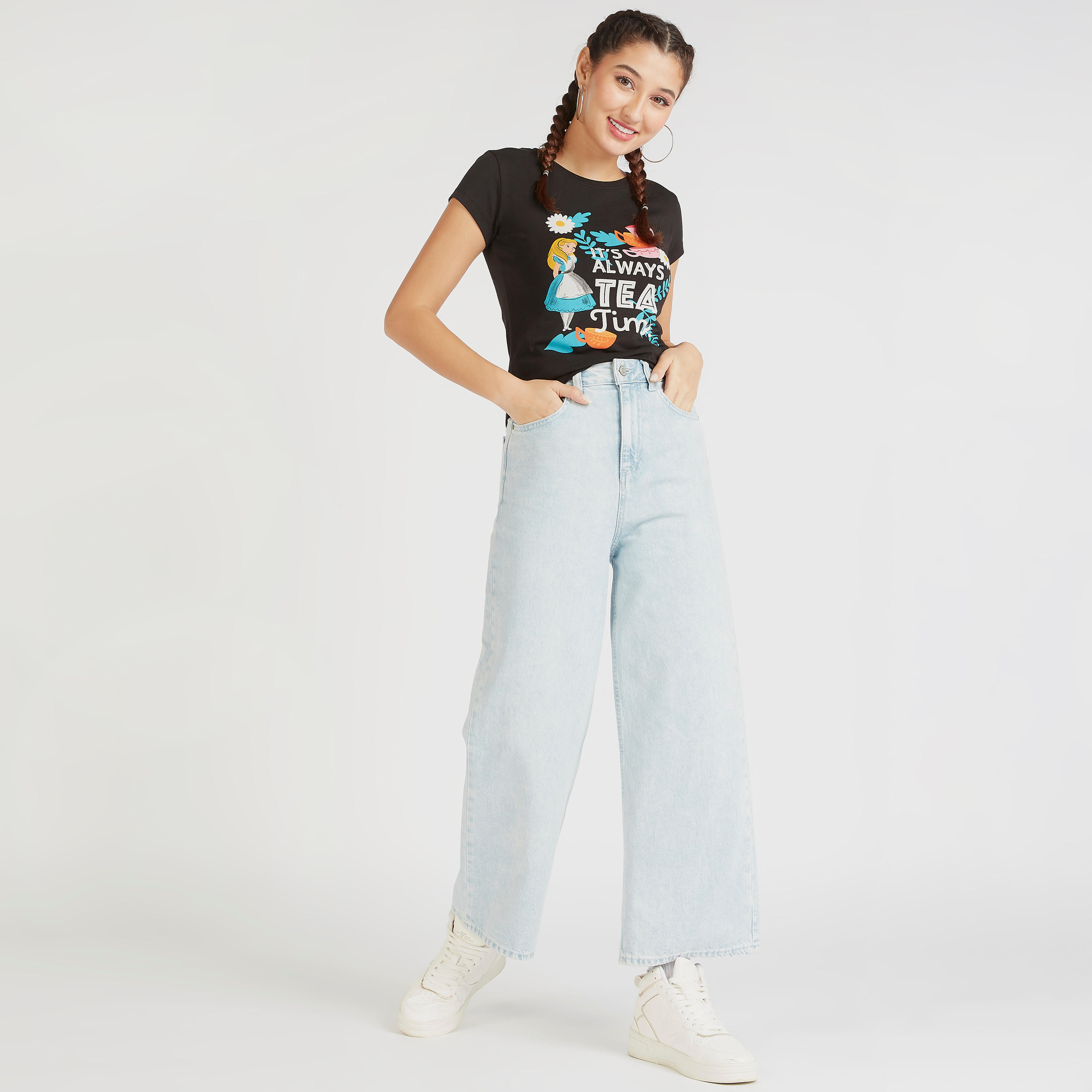 Alice in Wonderland Print Crew Neck T-shirt with Cap Sleeves-women-clothing-tshirts-image-2
