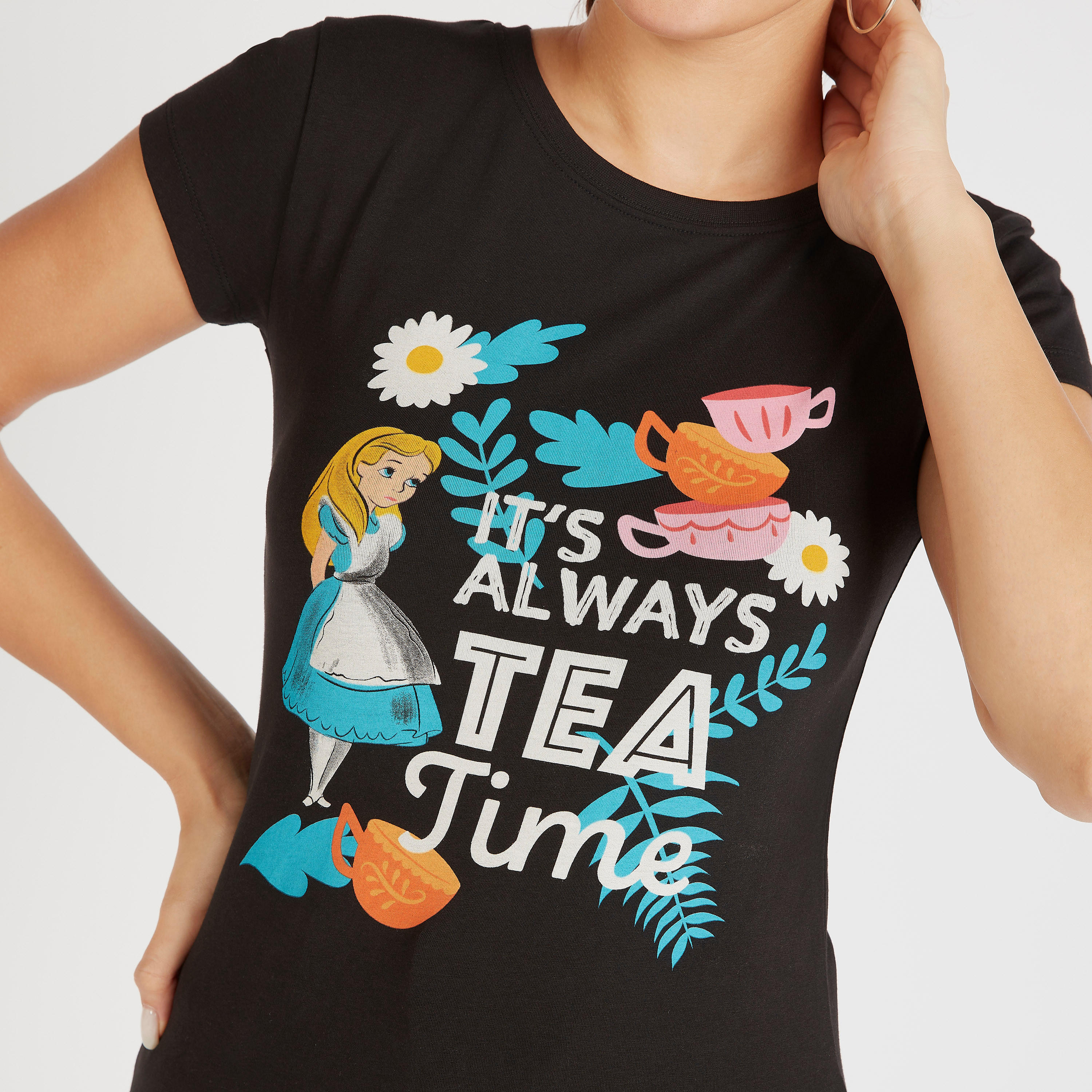 Alice in Wonderland Print Crew Neck T-shirt with Cap Sleeves-women-clothing-tshirts-image-3
