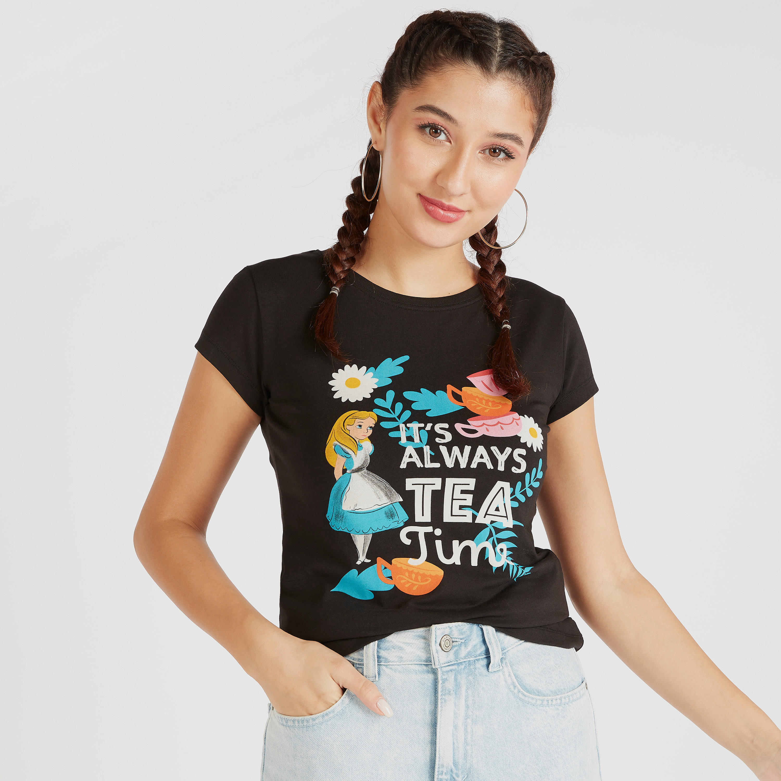 Alice in Wonderland Print Crew Neck T-shirt with Cap Sleeves-women-clothing-tshirts-image-5