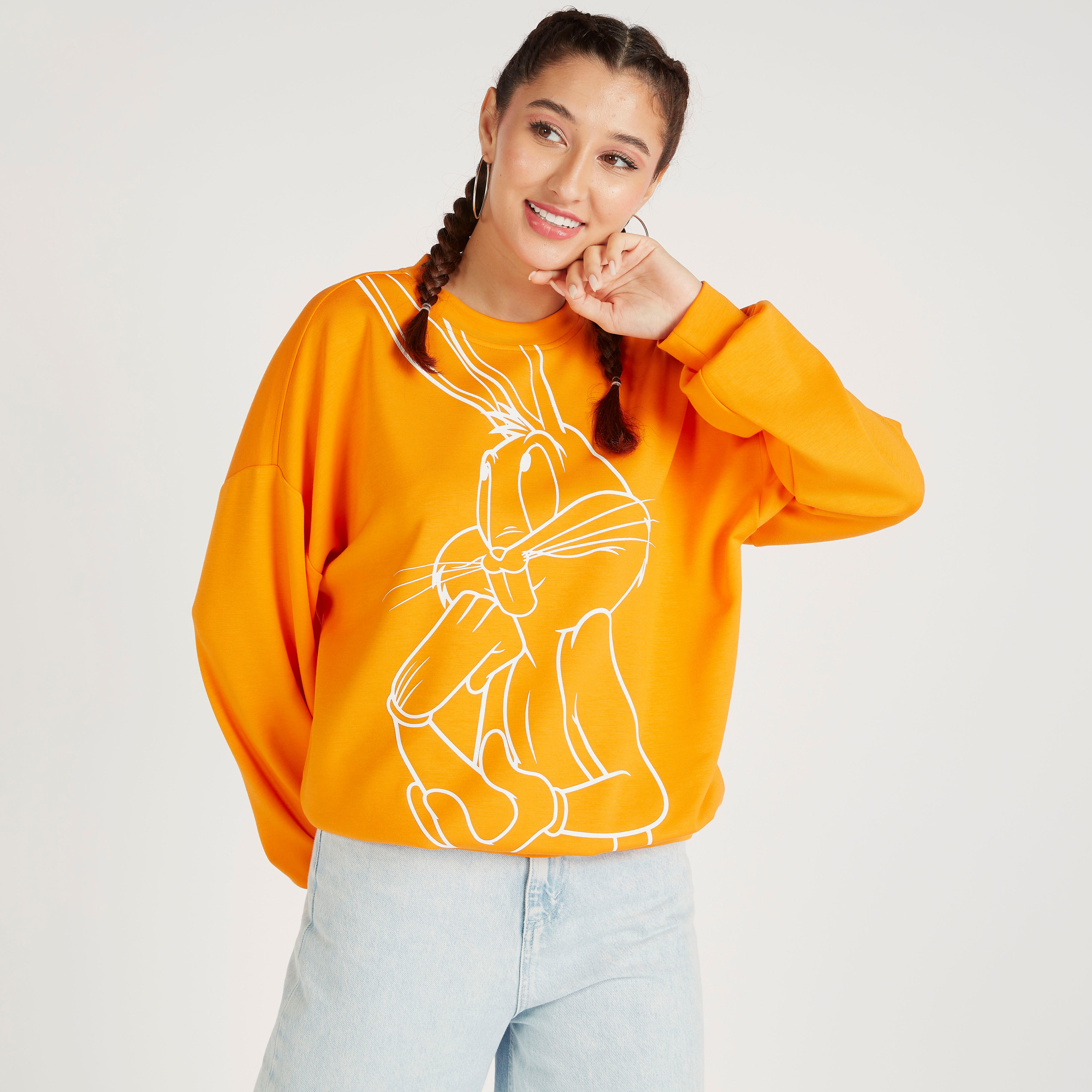 Bugs Bunny Print Crew Neck Sweatshirt with Long Sleeves-women-winterwear-hoodiesandsweatshirts-sweatshirts-image-1