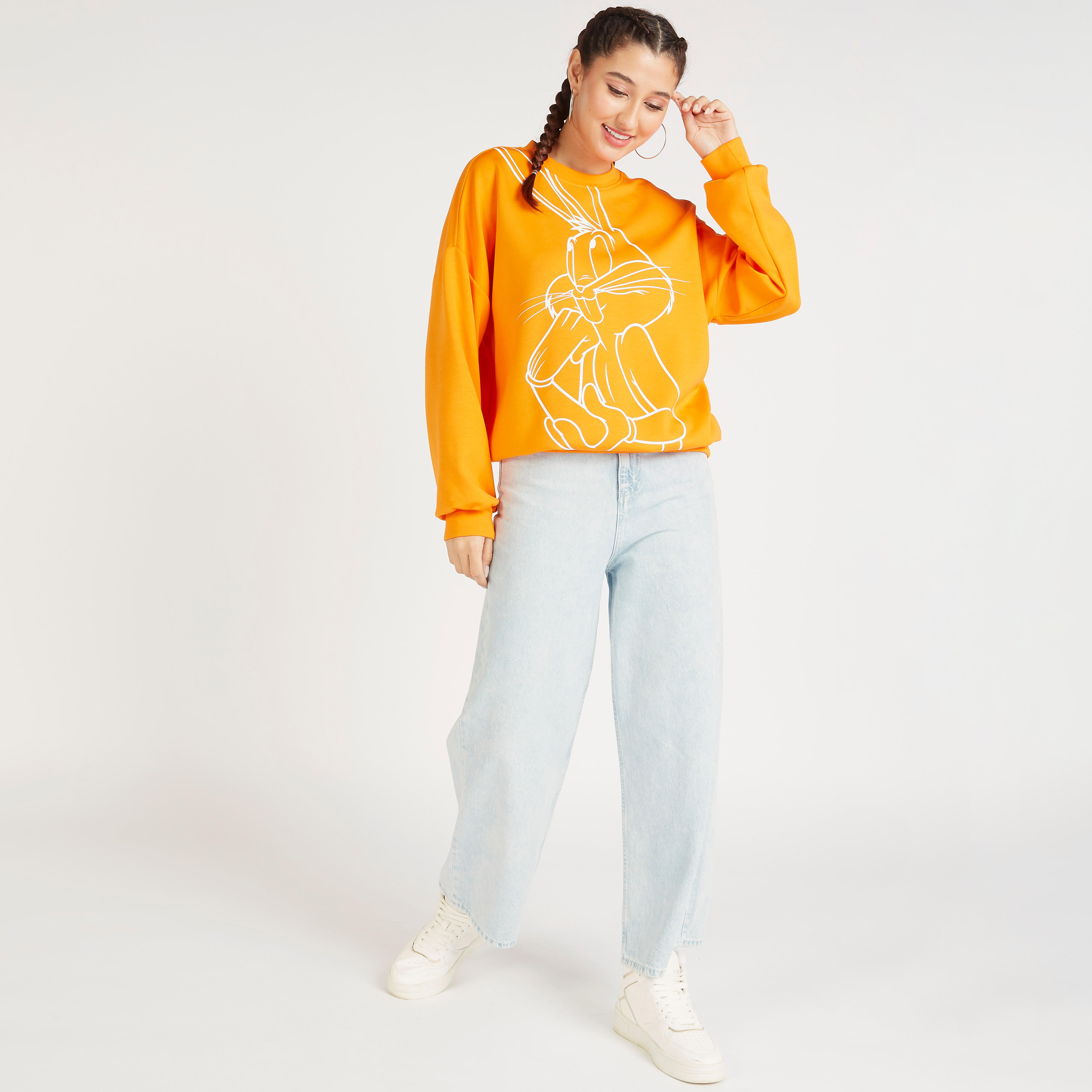 Bugs Bunny Print Crew Neck Sweatshirt with Long Sleeves-women-winterwear-hoodiesandsweatshirts-sweatshirts-image-2