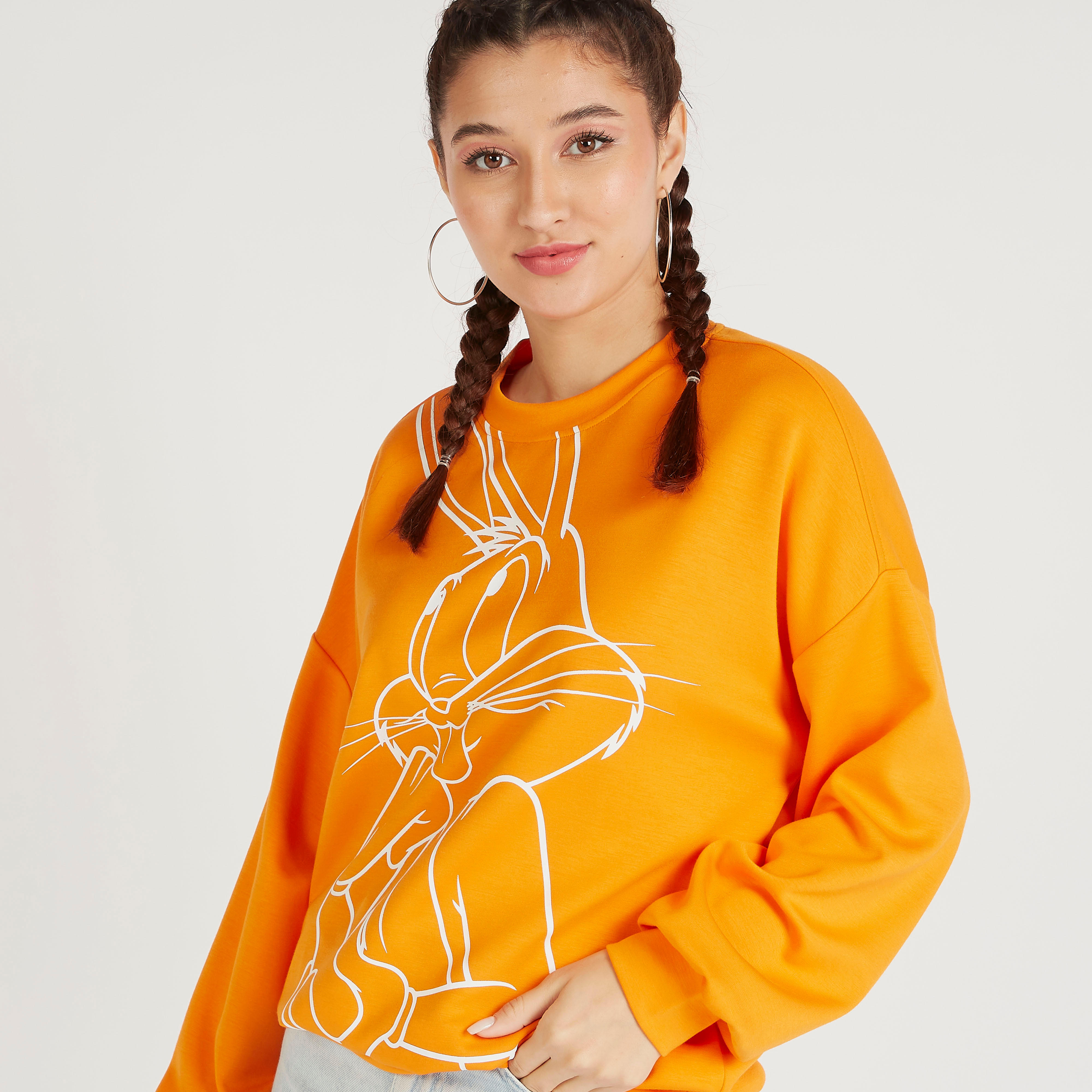 Bugs Bunny Print Crew Neck Sweatshirt with Long Sleeves-women-winterwear-hoodiesandsweatshirts-sweatshirts-image-3