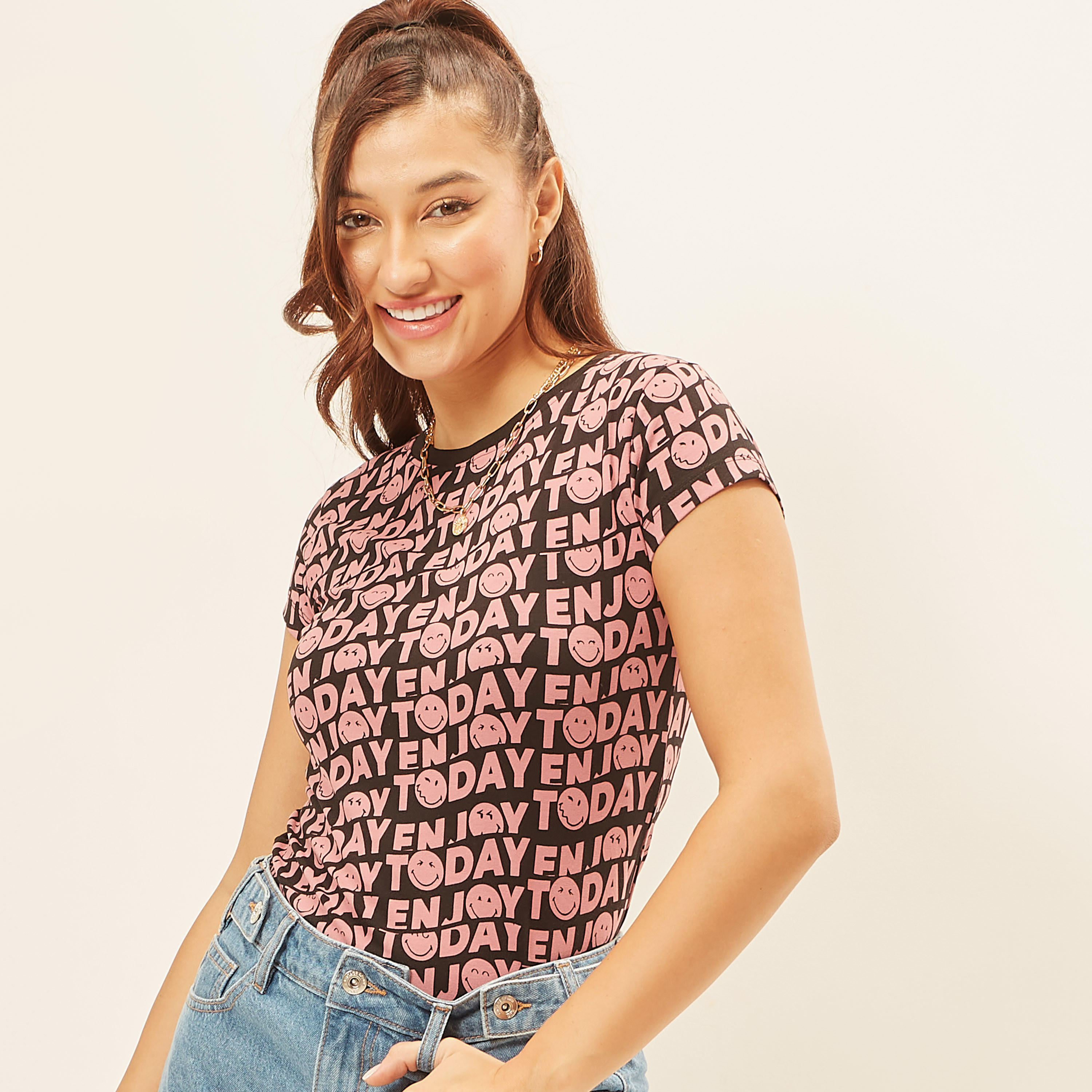 Printed Crew Neck T-shirt with Short Sleeves-women-clothing-tshirts-image-3