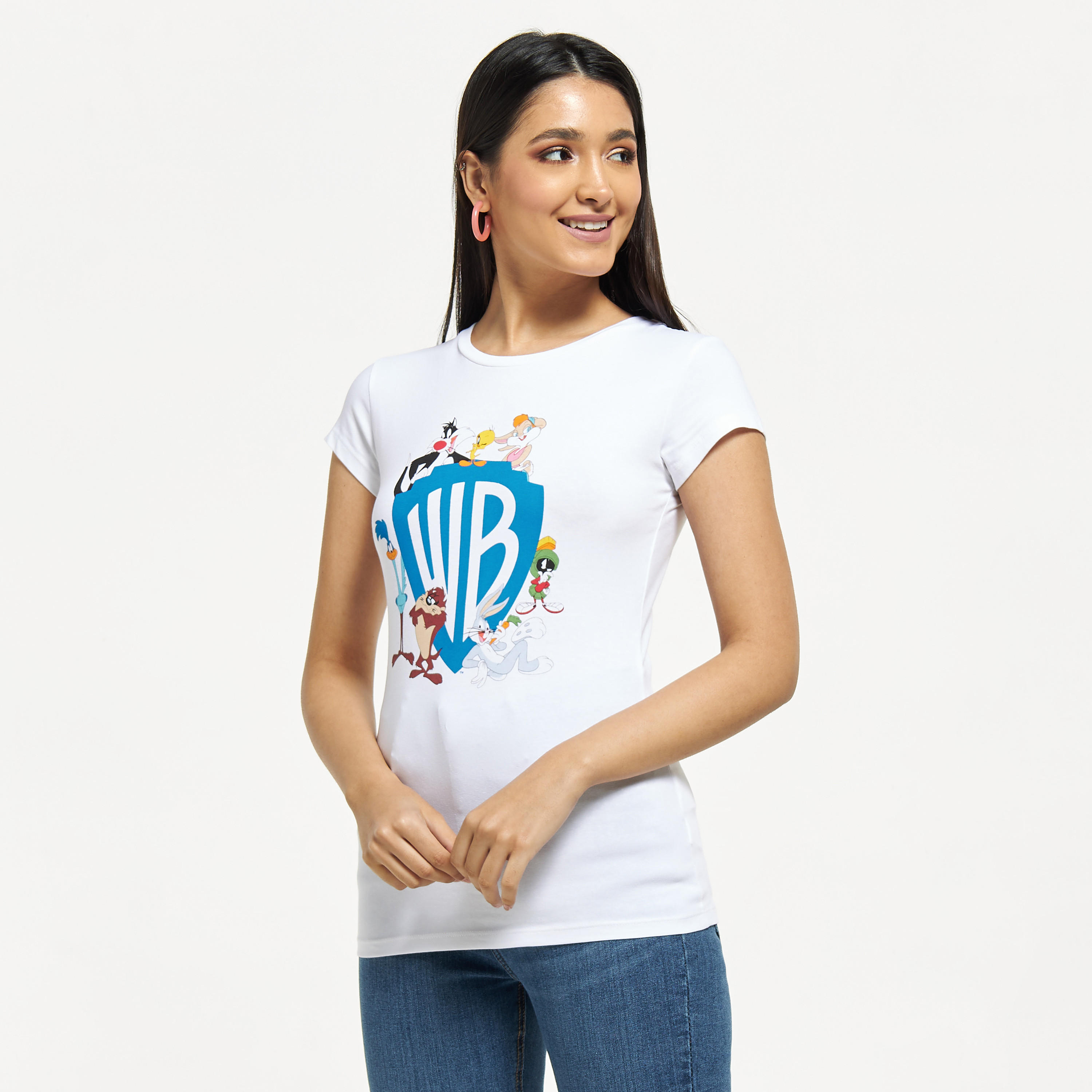 تيشيرت بياقة مستديرة وأكمام كاب وطبعات-women-clothing-tshirts-image-1
