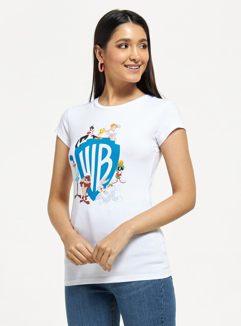 تيشيرت بياقة مستديرة وأكمام كاب وطبعات-women-clothing-tshirts-image-1