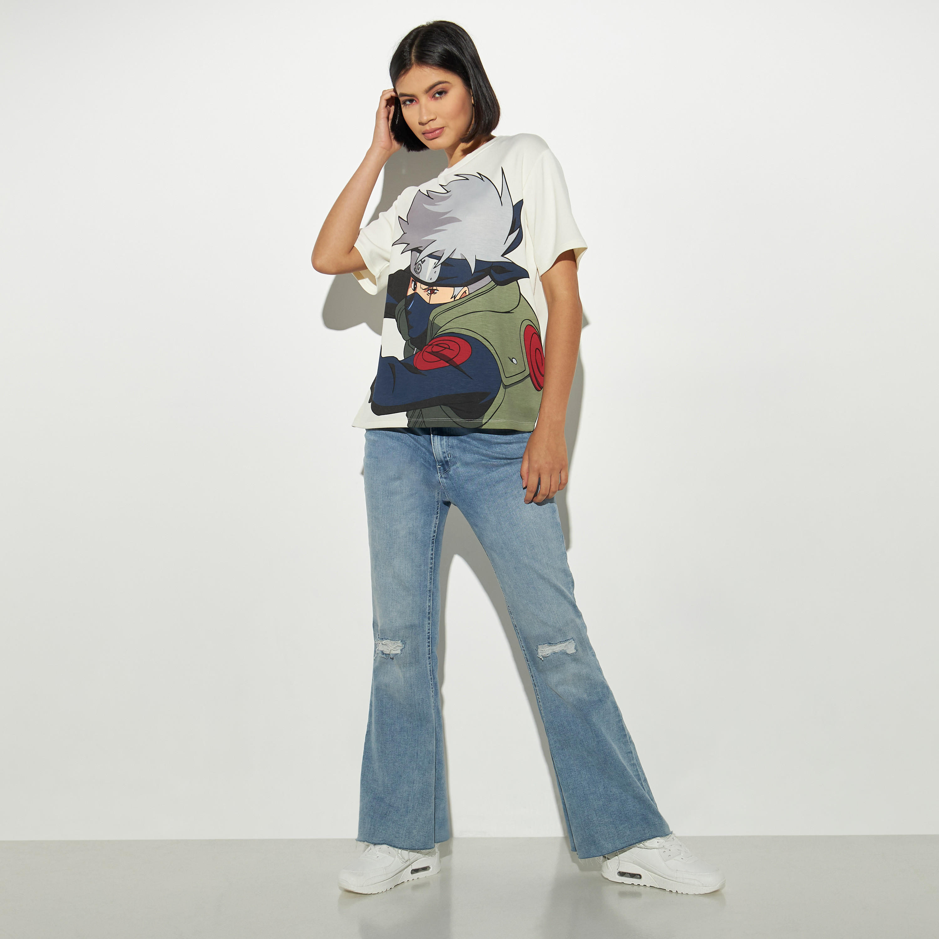 Naruto Print Crew Neck T-shirt with Short Sleeves-women-clothing-tshirts-image-2