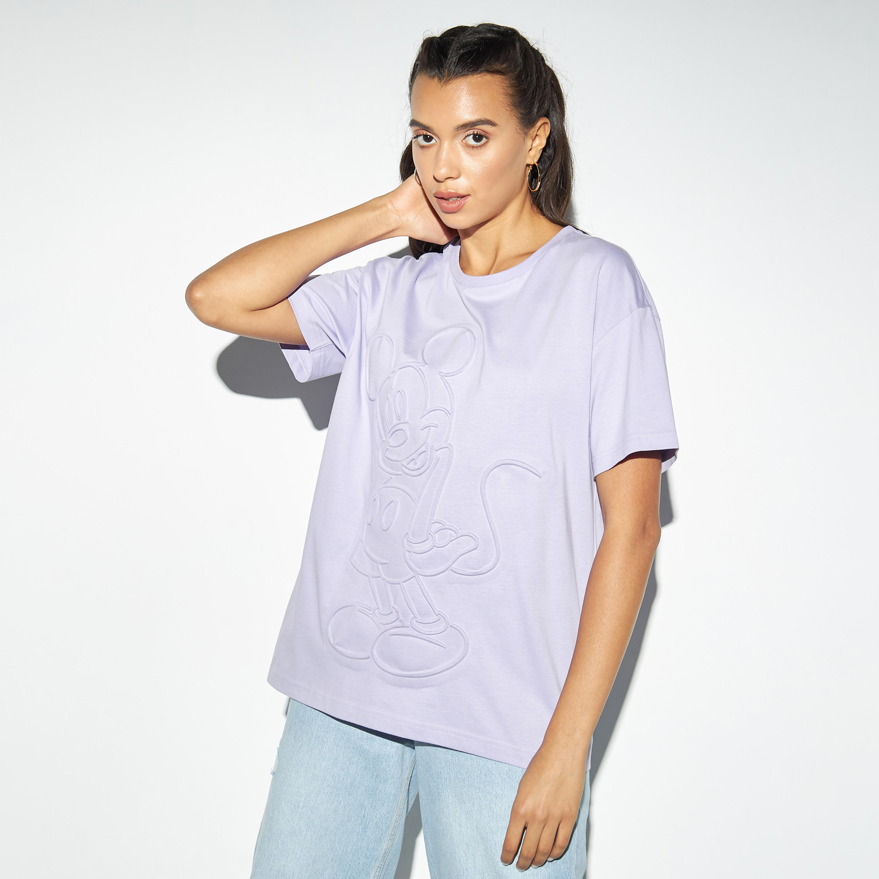 Mickey Mouse Embossed Round Neck T-shirt-women-clothing-tshirts-image-1
