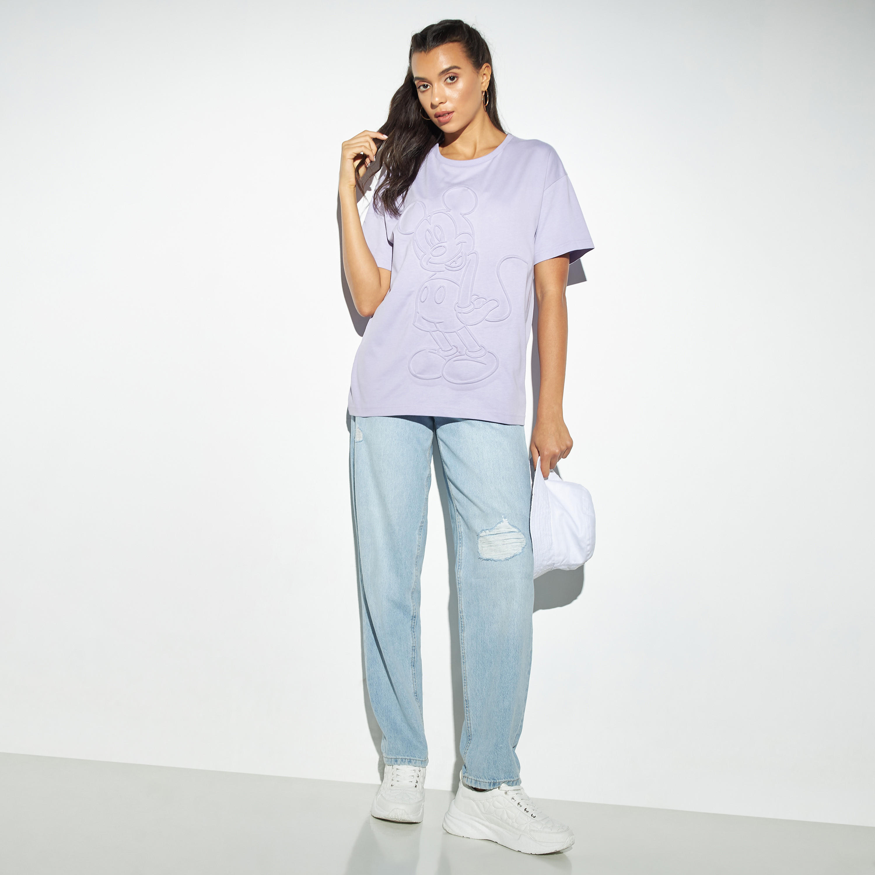 Mickey Mouse Embossed Round Neck T-shirt-women-clothing-tshirts-image-2