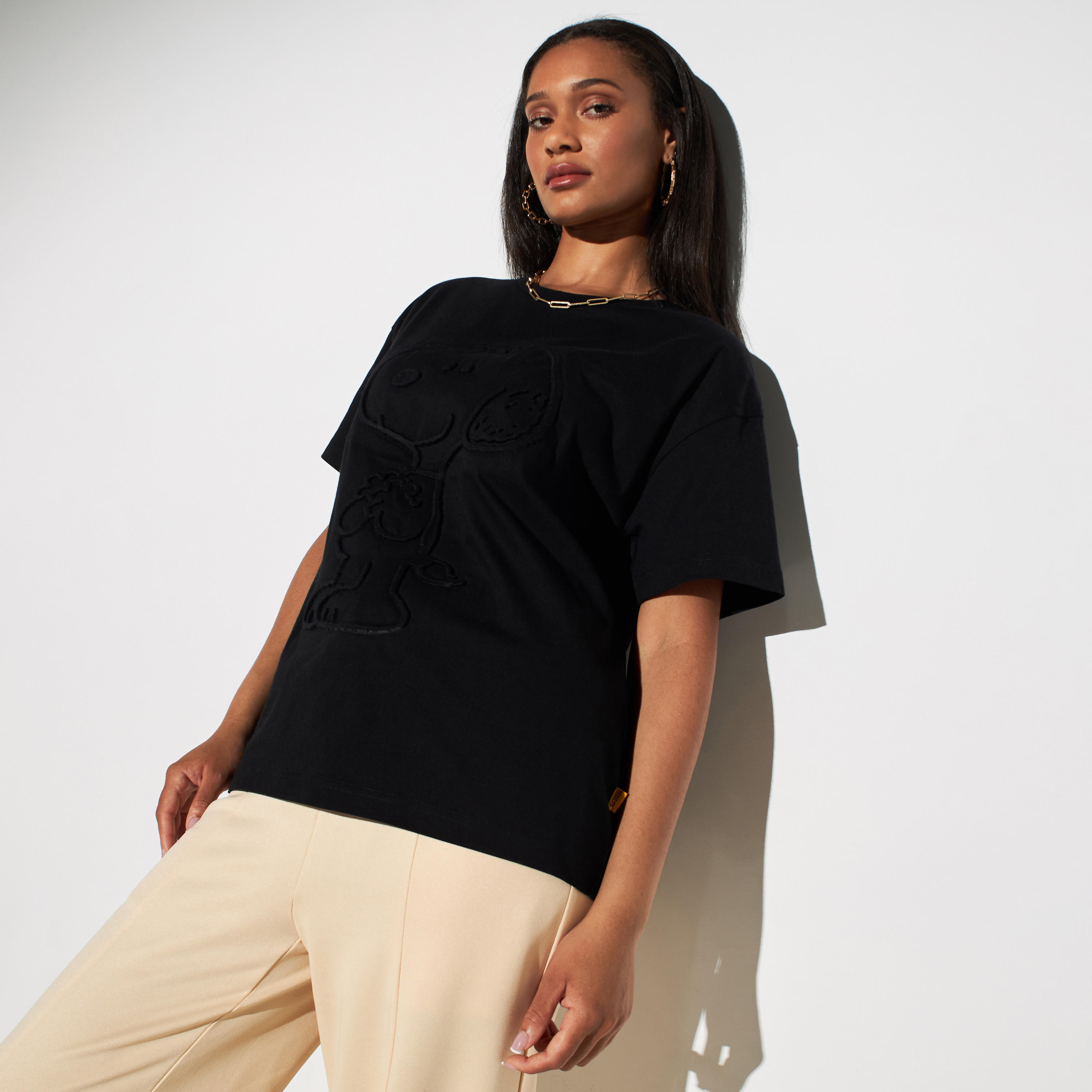 Snoopy Dog Embossed Round Neck T-shirt-women-clothing-tshirts-image-1