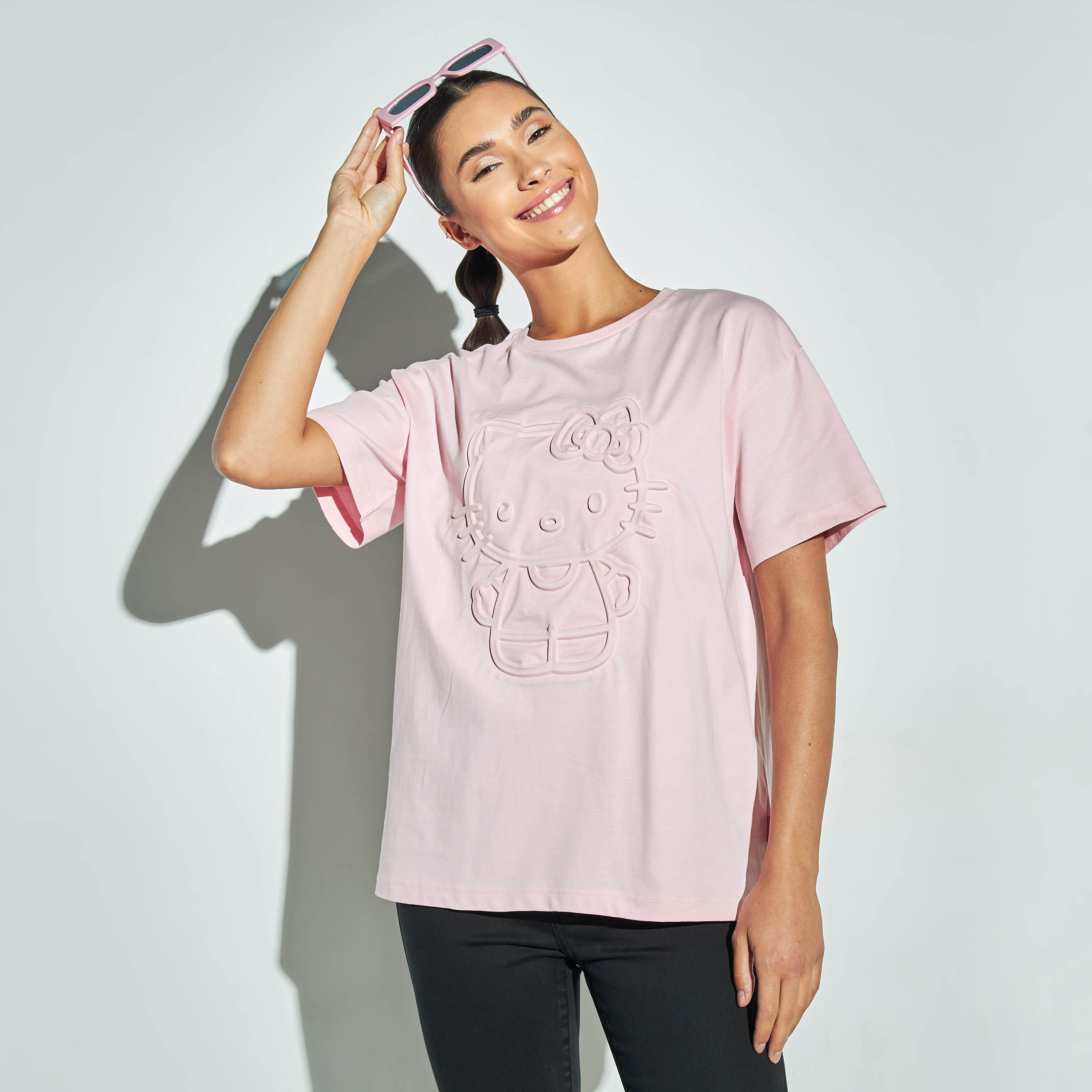 Hello Kitty Embossed T-shirt with Crew Neck and Drop Shoulder Sleeves-women-clothing-tshirts-image-1