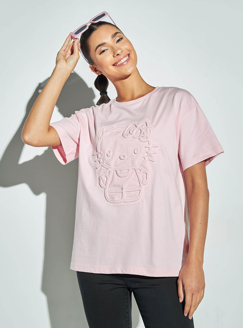 Hello Kitty Embossed T-shirt with Crew Neck and Drop Shoulder Sleeves-women-clothing-tshirts-image-1