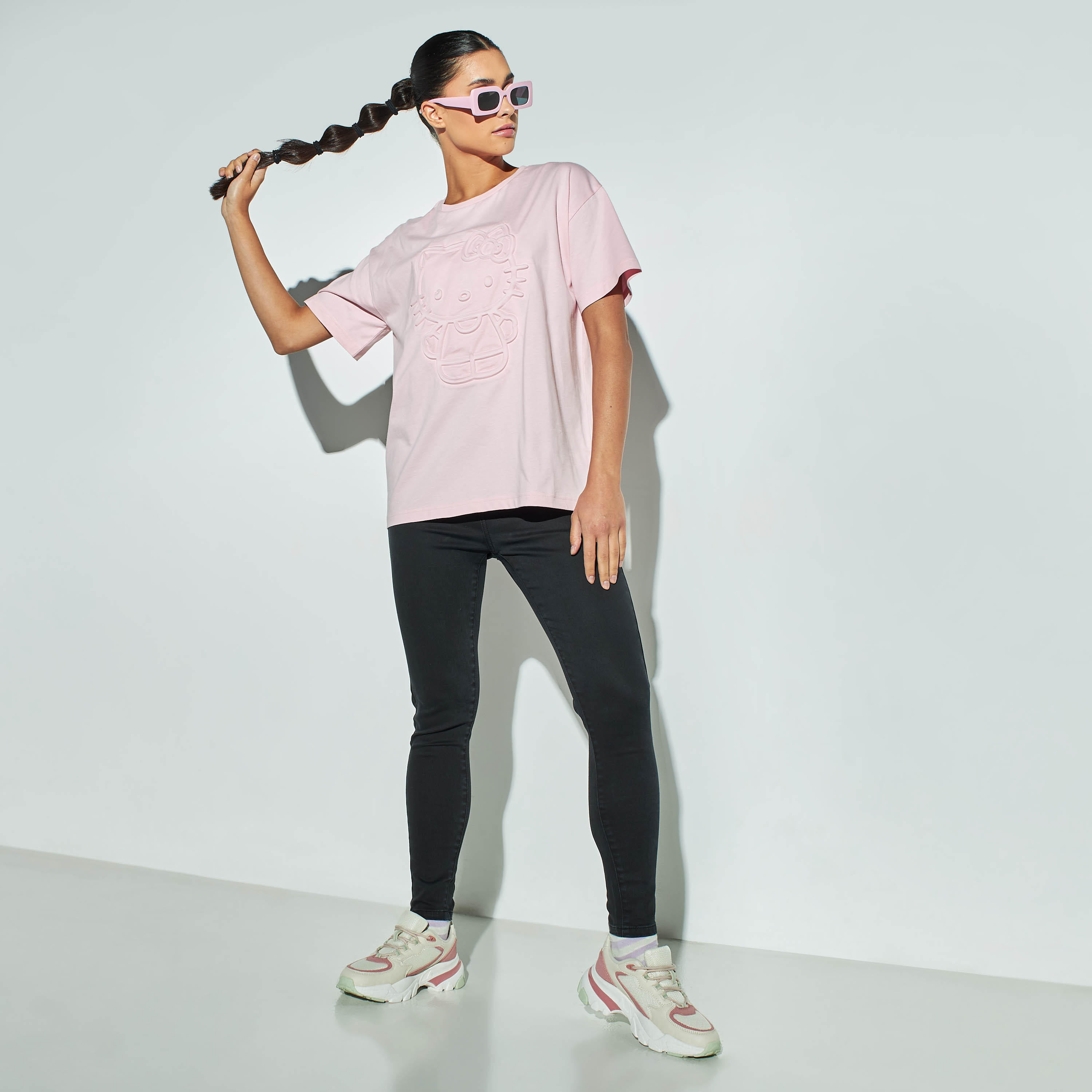 Hello Kitty Embossed T-shirt with Crew Neck and Drop Shoulder Sleeves-women-clothing-tshirts-image-2