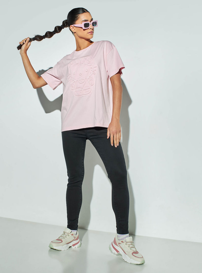 Hello Kitty Embossed T-shirt with Crew Neck and Drop Shoulder Sleeves-women-clothing-tshirts-image-2