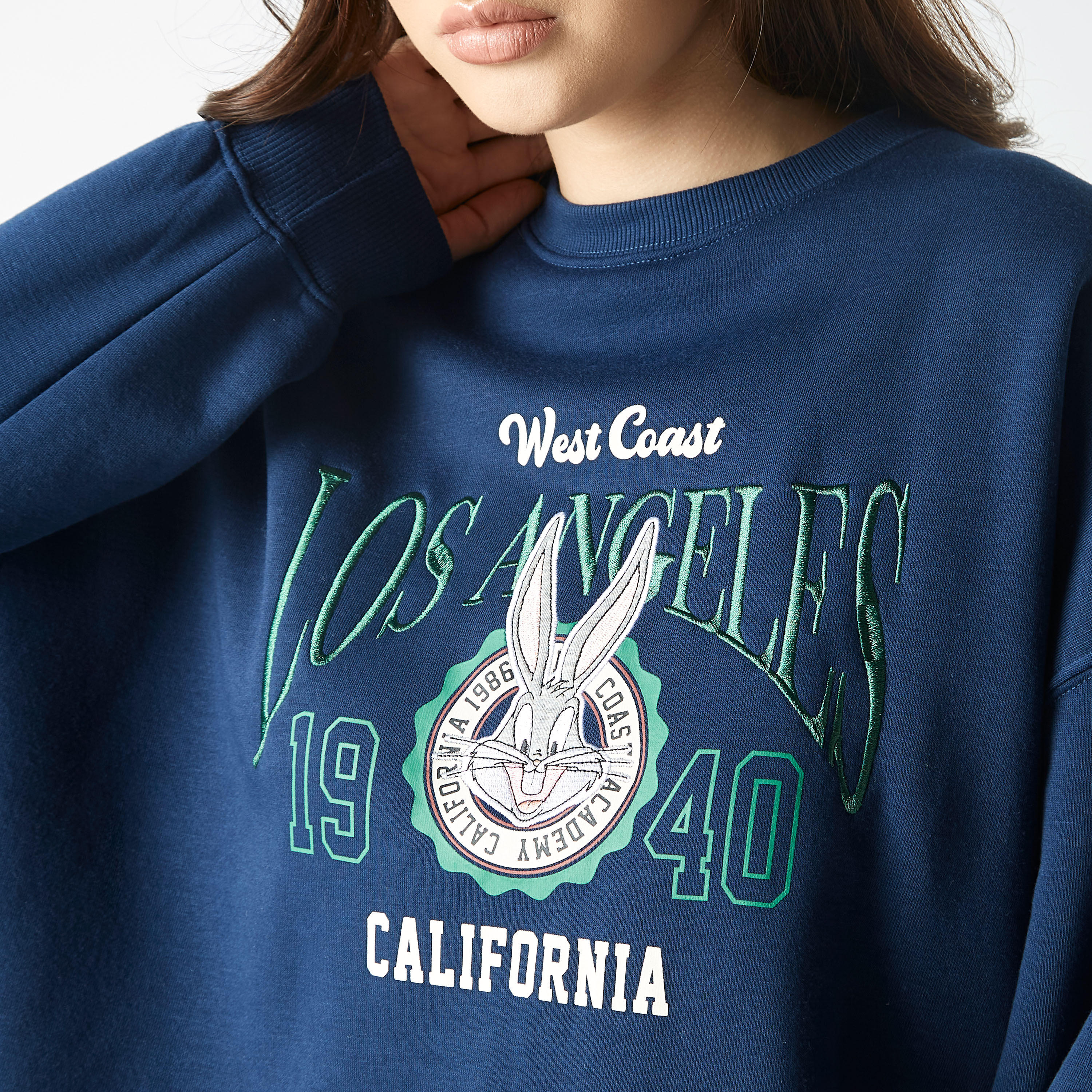 سويت شيرت مطرّز بأكمام طويلة وطبعات باجز باني-women-winterwear-hoodiesandsweatshirts-sweatshirts-image-1