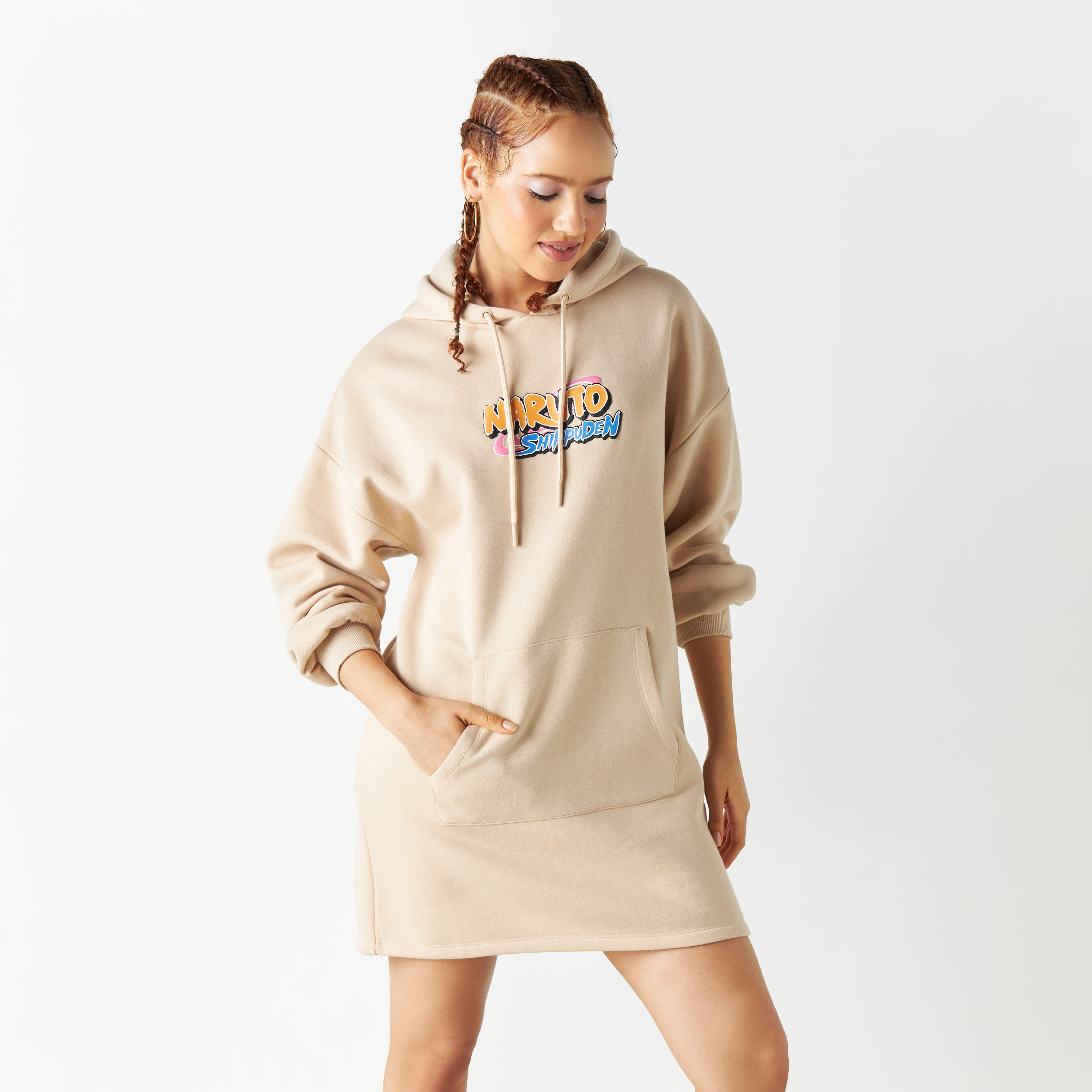 Naruto Graphic Print Sweat Dress with Hood and Drop Shoulder Sleeves-women-clothing-dresses-image-1