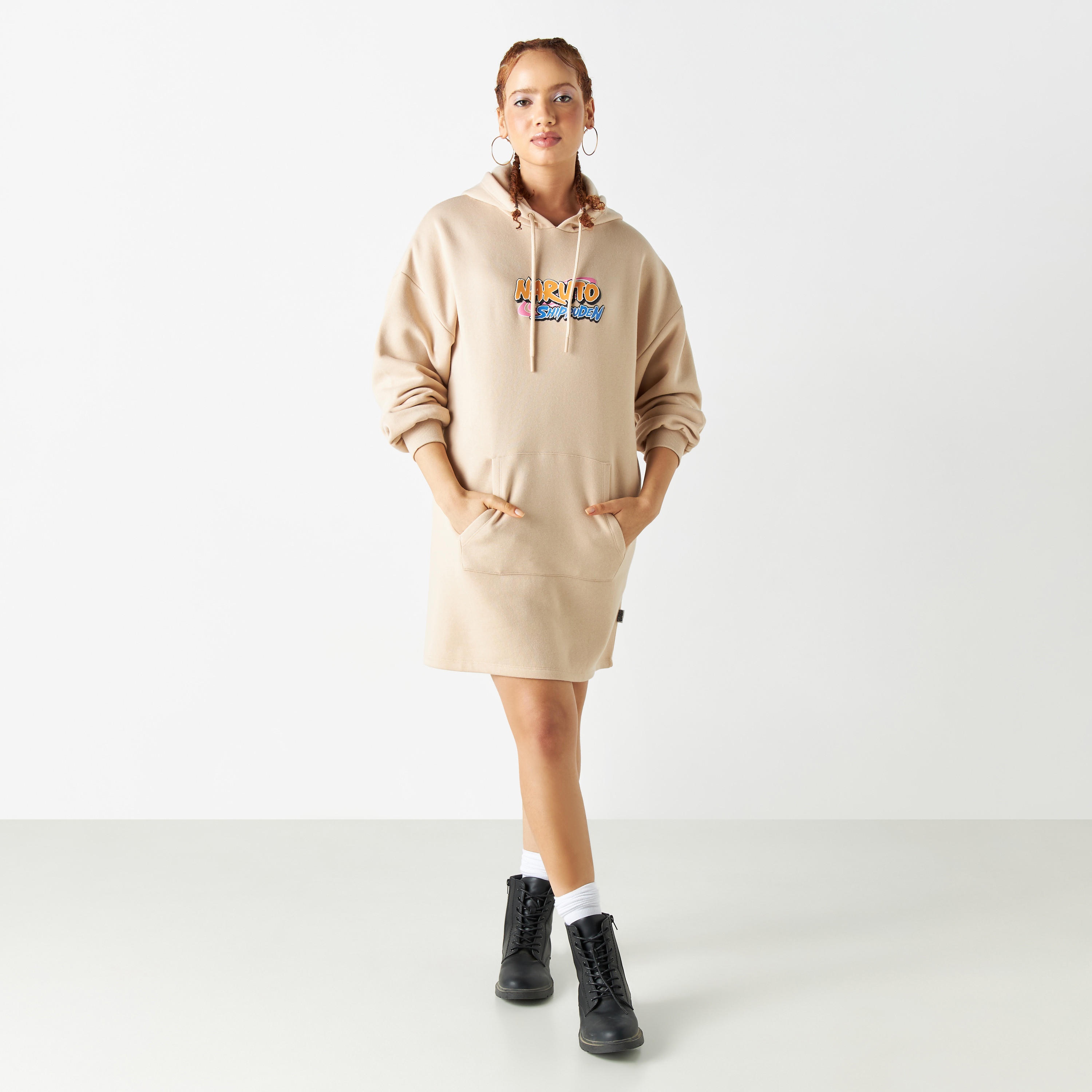 Naruto Graphic Print Sweat Dress with Hood and Drop Shoulder Sleeves-women-clothing-dresses-image-2