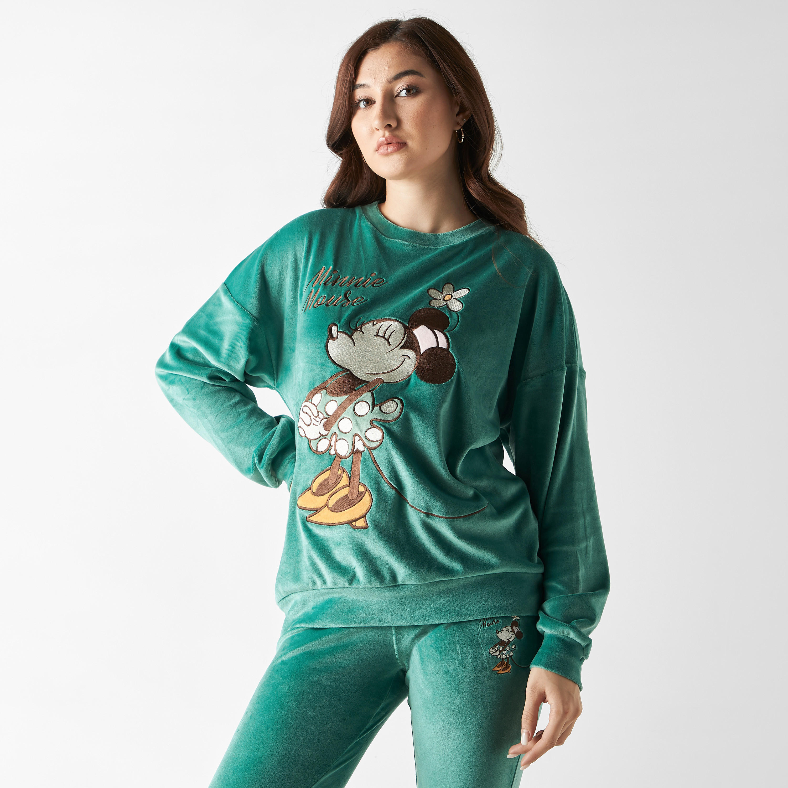 سويت شيرت قطيفة بياقة ضيقة وأكمام بأكتاف منسدلة وتطريز ميني ماوس-women-winterwear-hoodiesandsweatshirts-sweatshirts-image-1