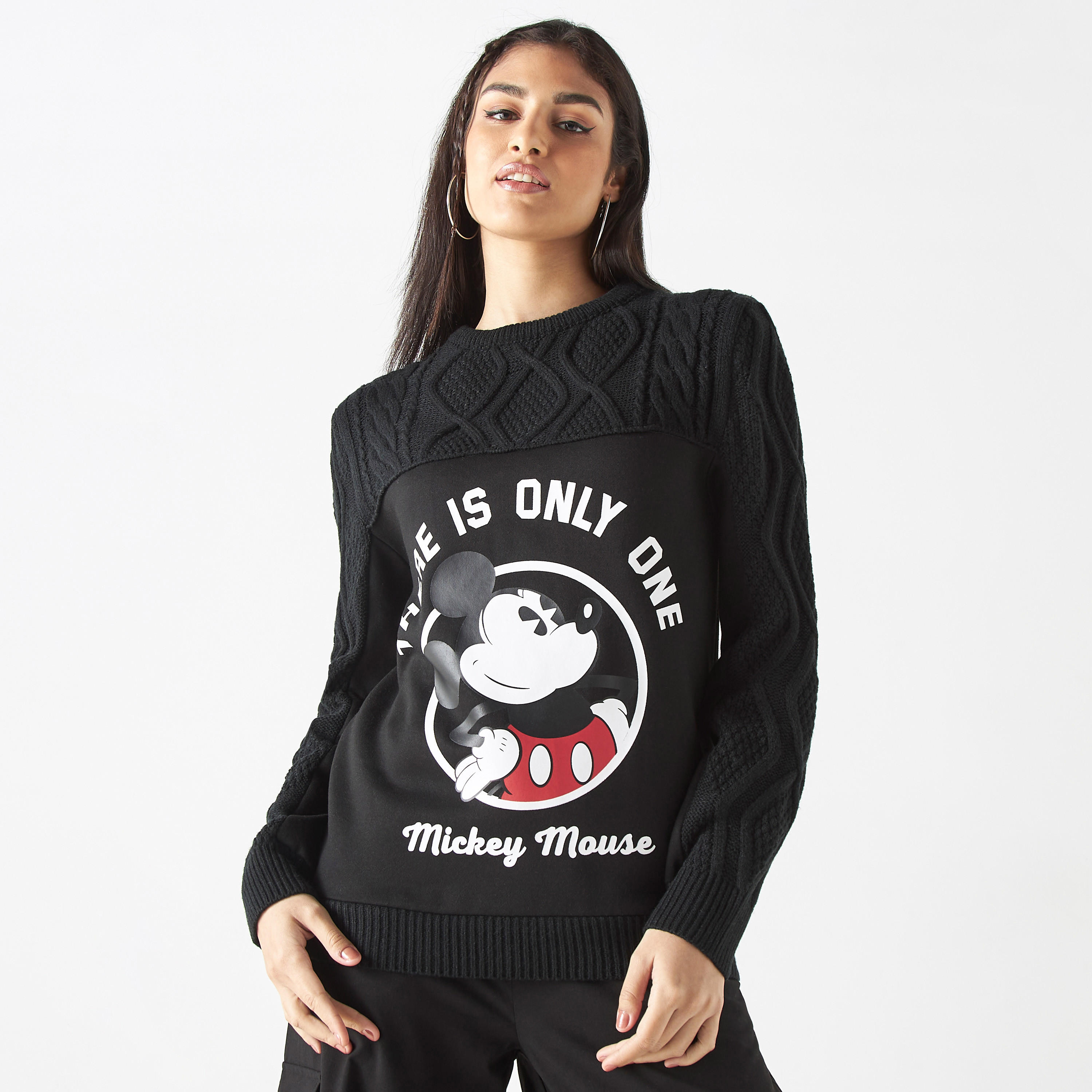 Mickey Mouse Print Sweater with Long Sleeves-women-clothing-cardigansandjumpers-jumpers-image-1
