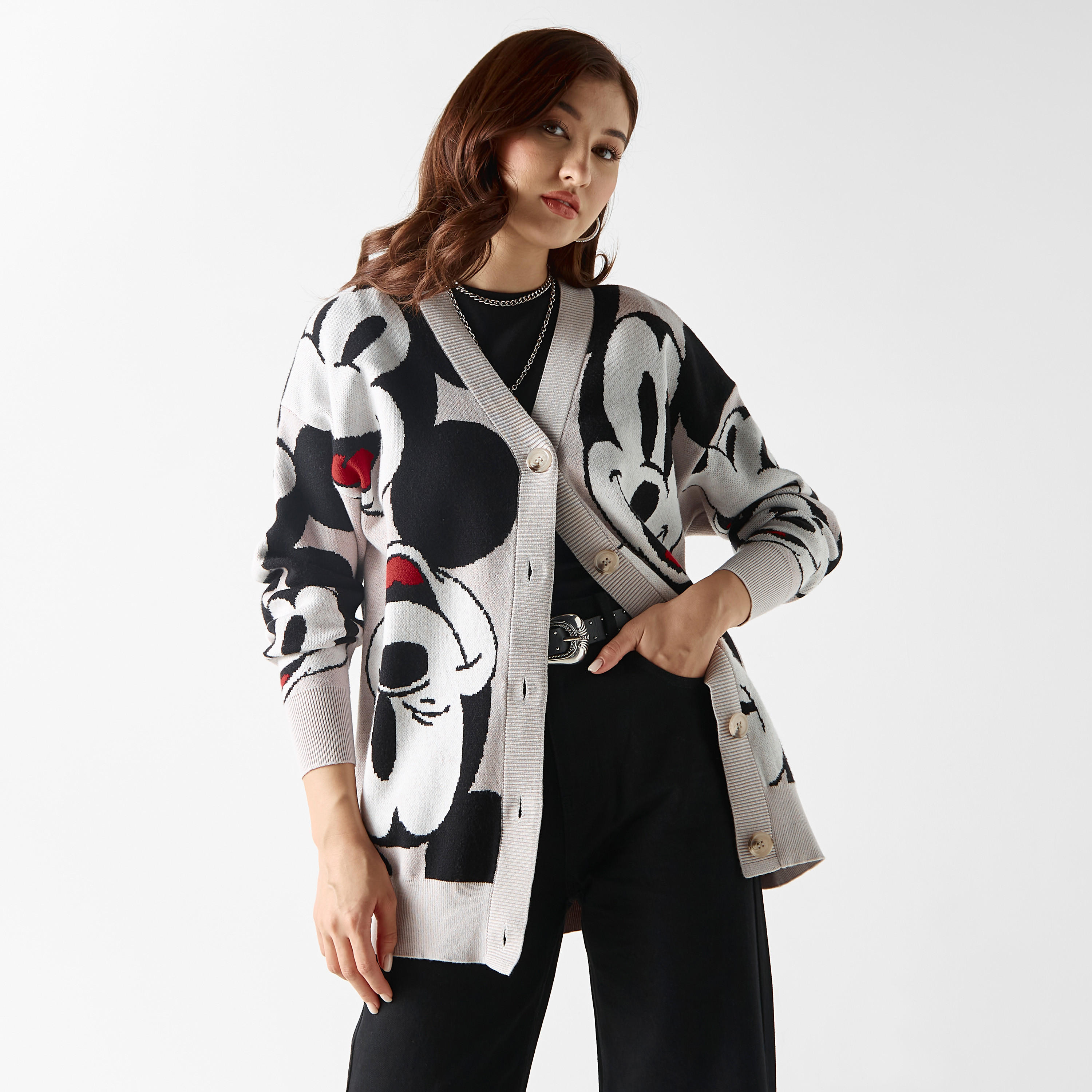 Mickey Mouse Print Cardigan with Pockets and Long Sleeves-women-winterwear-cardigansandjumpers-cardigans-image-1