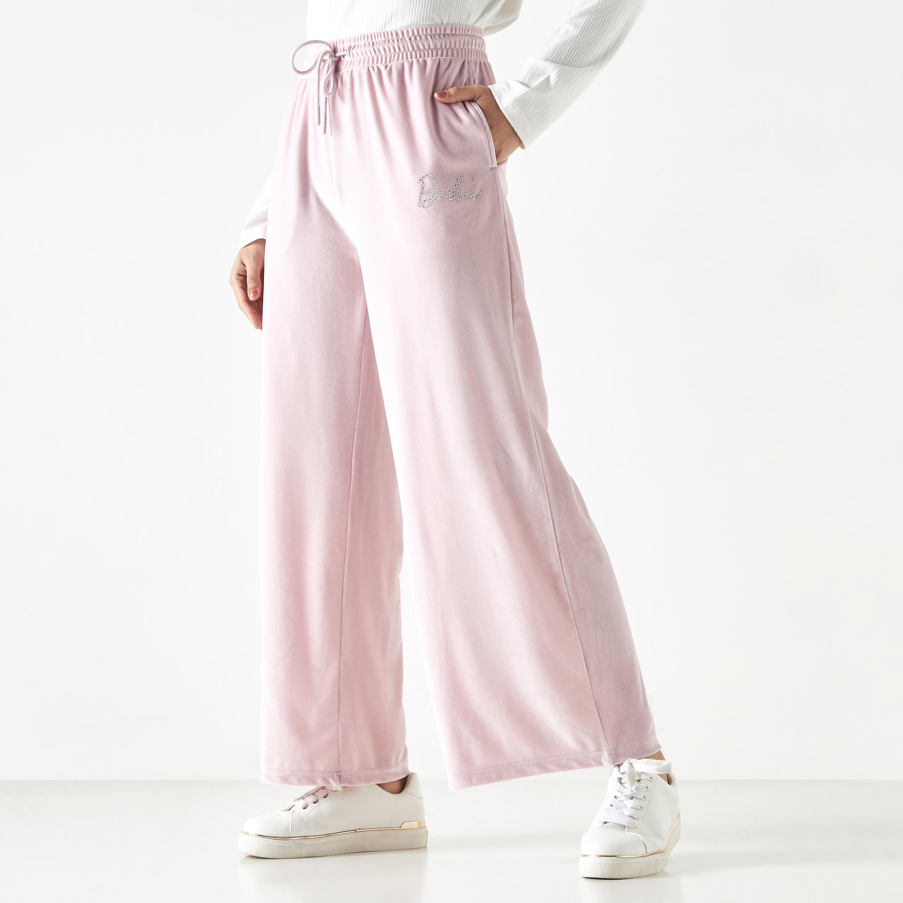 بنطلون سادة واسع السّاقين مزيّن برباط إغلاق-women-clothing-bottoms-joggers-image-1