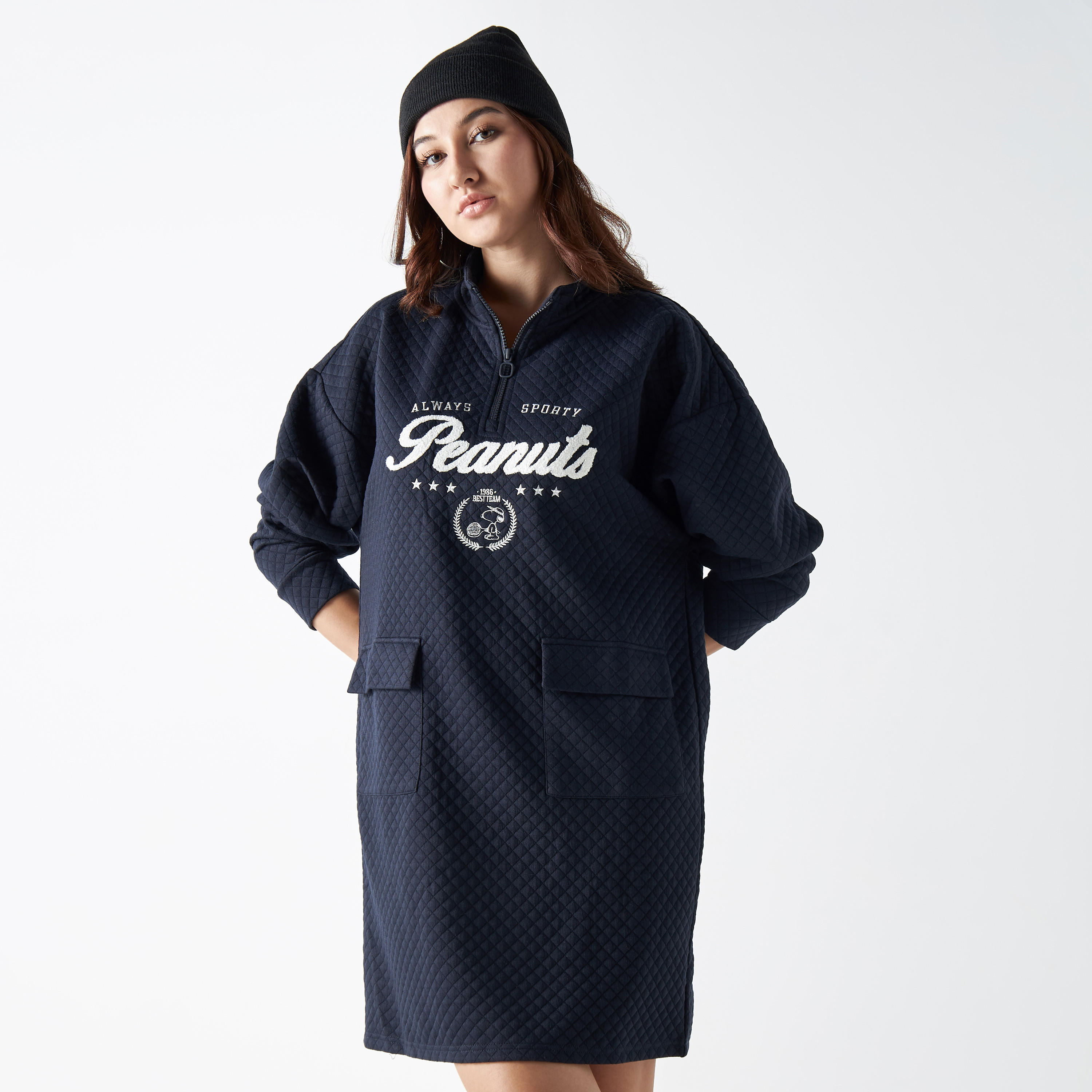 Peanuts Quilted Sweat Dress with Flap Pockets and Zip Closure-women-clothing-dresses-image-1