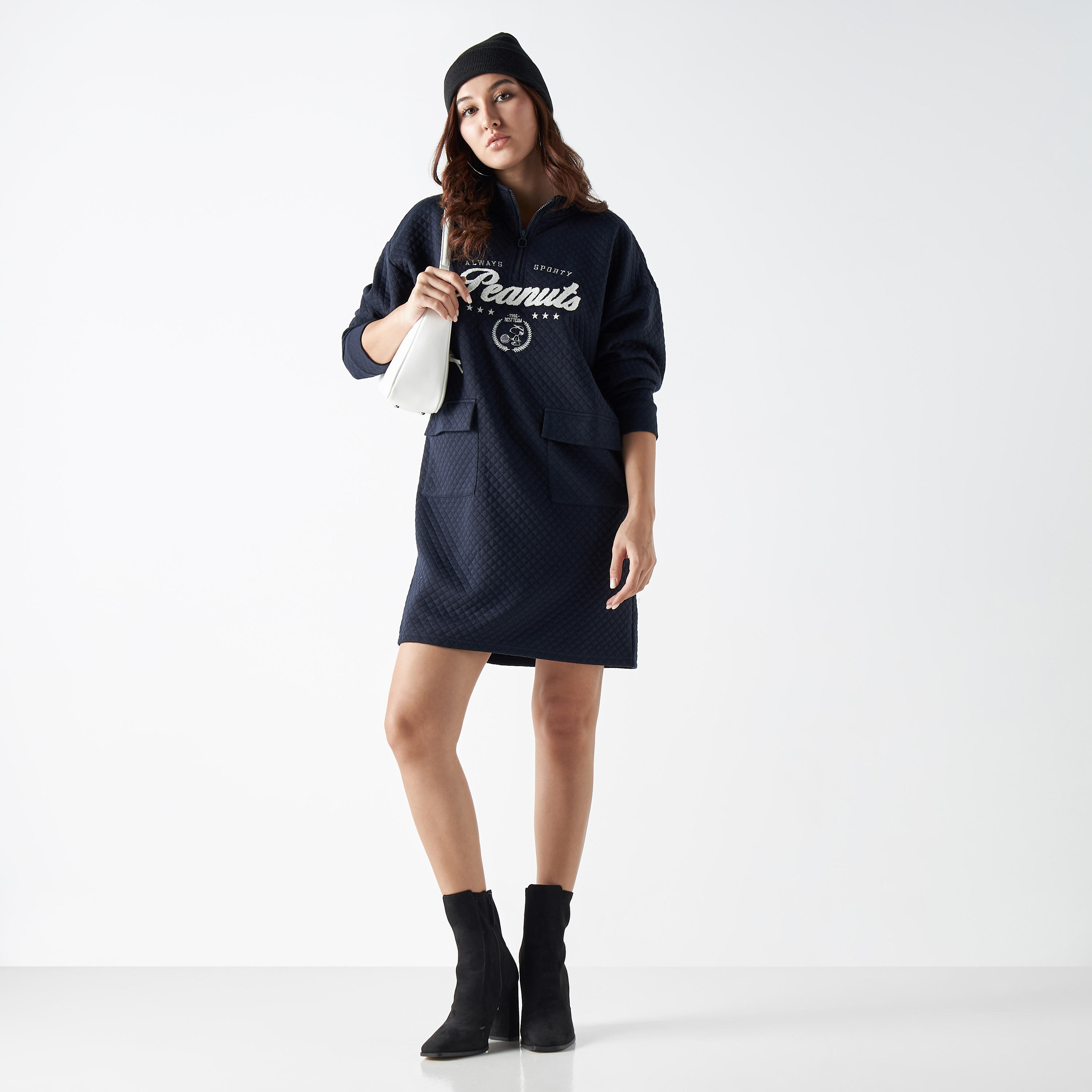 Peanuts Quilted Sweat Dress with Flap Pockets and Zip Closure-women-clothing-dresses-image-2