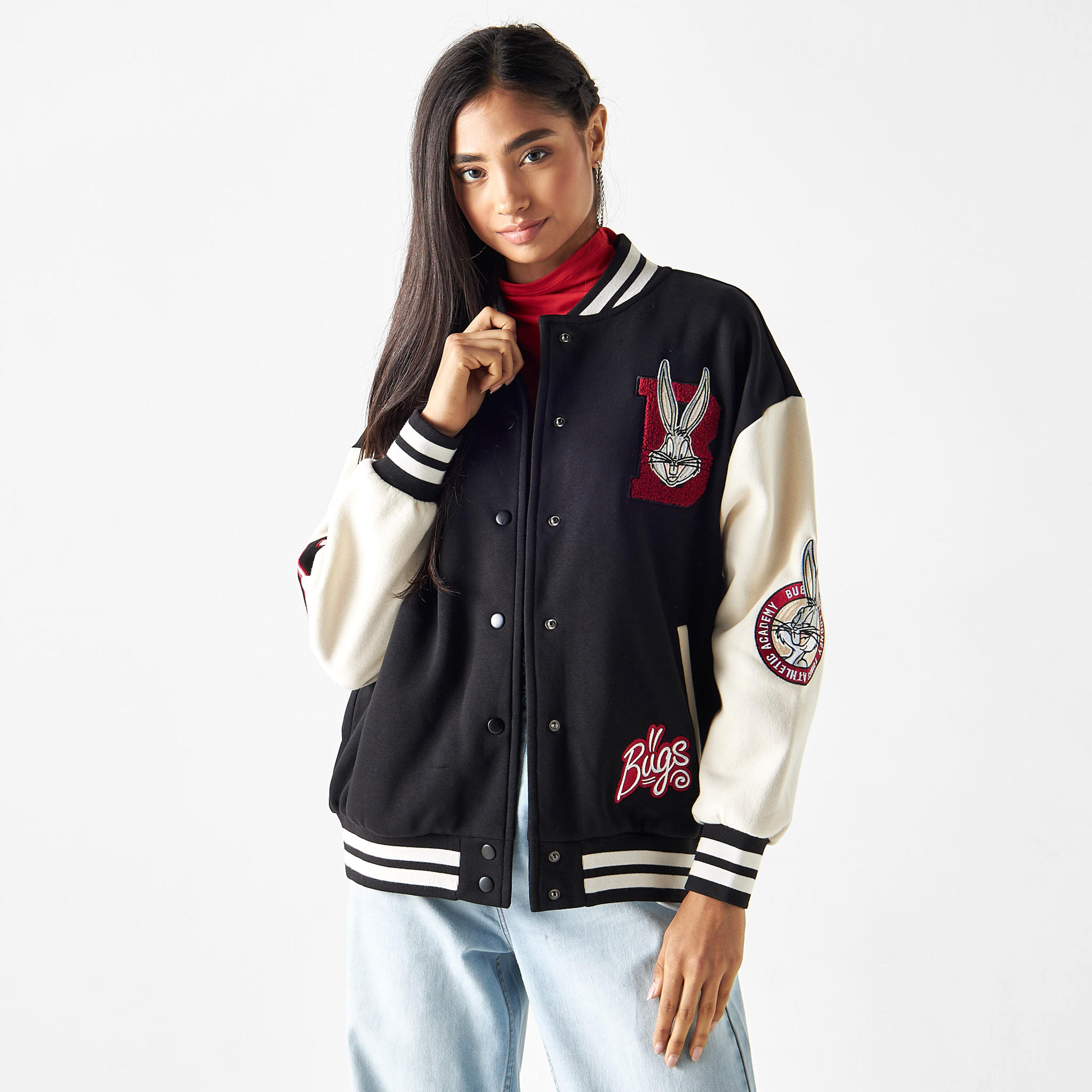 Bugs Bunny Applique Button Through Bomber Jacket-women-winterwear-coatsandjackets-jackets-image-1
