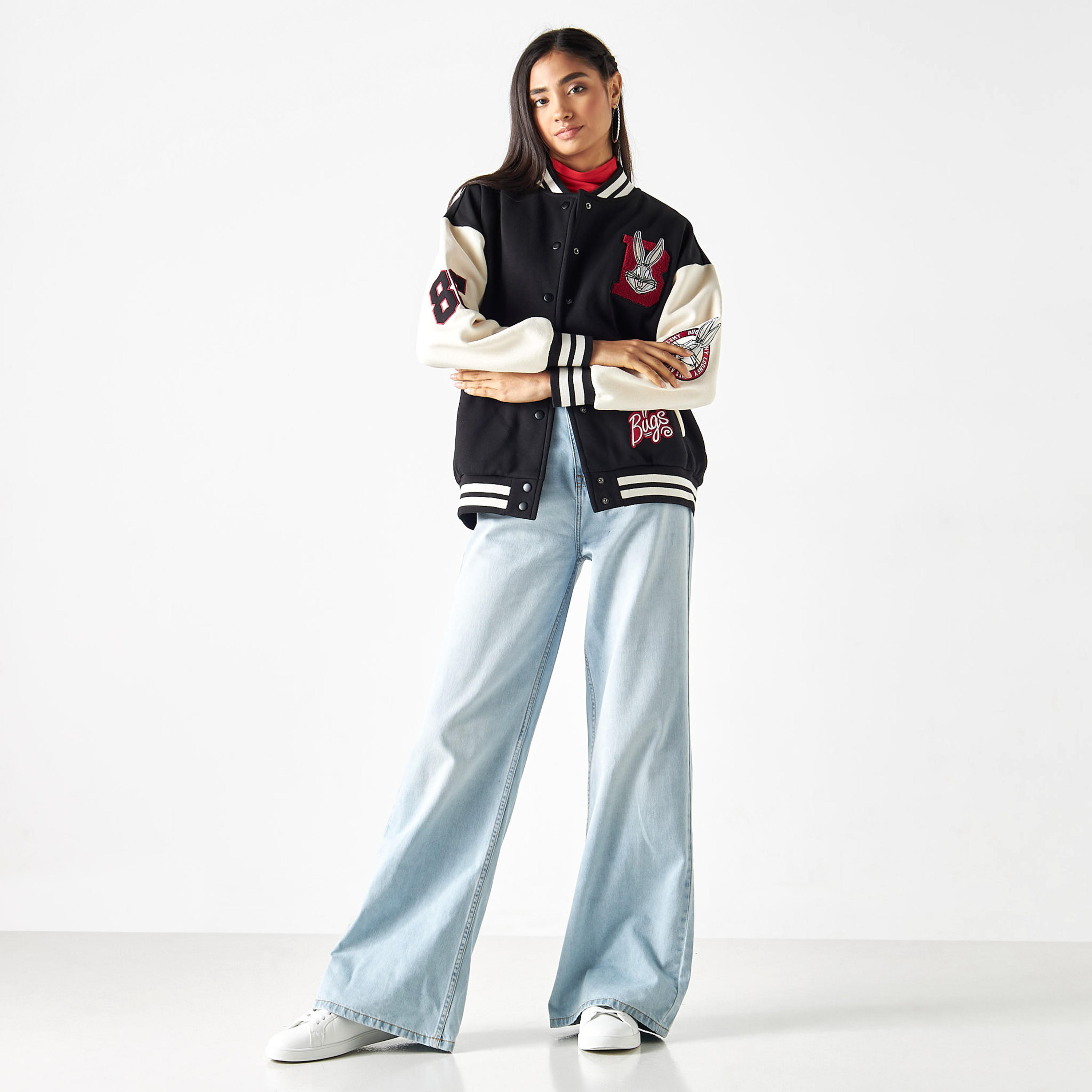 Bugs Bunny Applique Button Through Bomber Jacket-women-winterwear-coatsandjackets-jackets-image-2