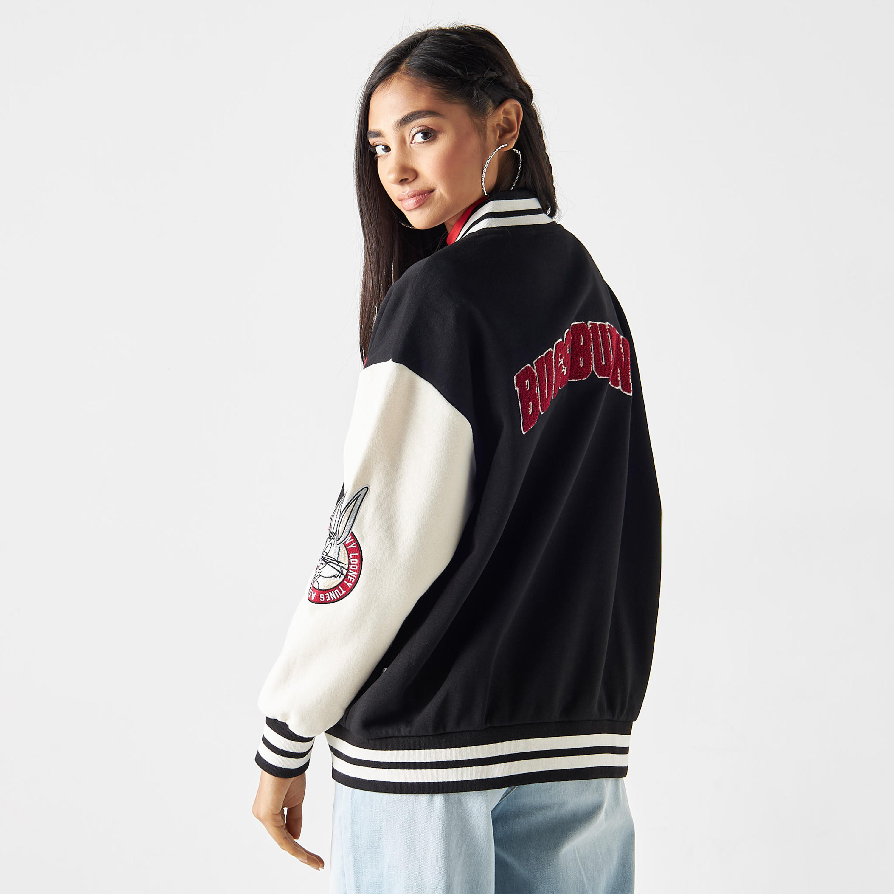 Bugs Bunny Applique Button Through Bomber Jacket-women-winterwear-coatsandjackets-jackets-image-3