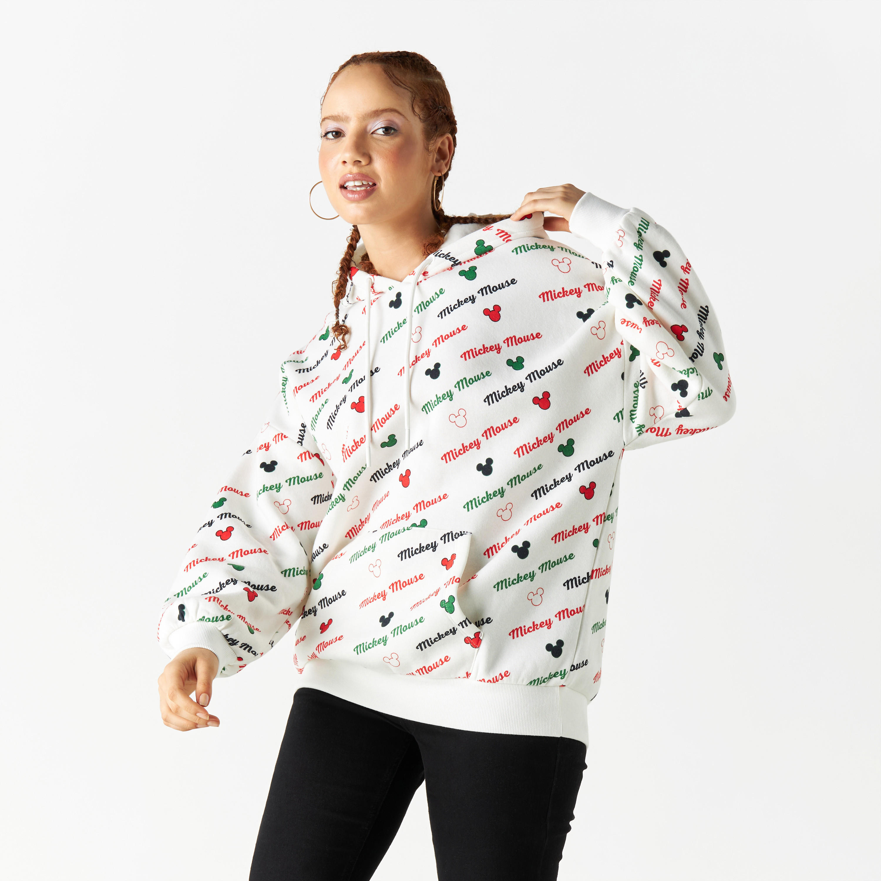 هودي بأكمام بأكتاف منسدلة وجيب كنغر وطبعات اليوم الوطني وتصميم ميني ماوس-women-winterwear-hoodiesandsweatshirts-hoodies-image-1