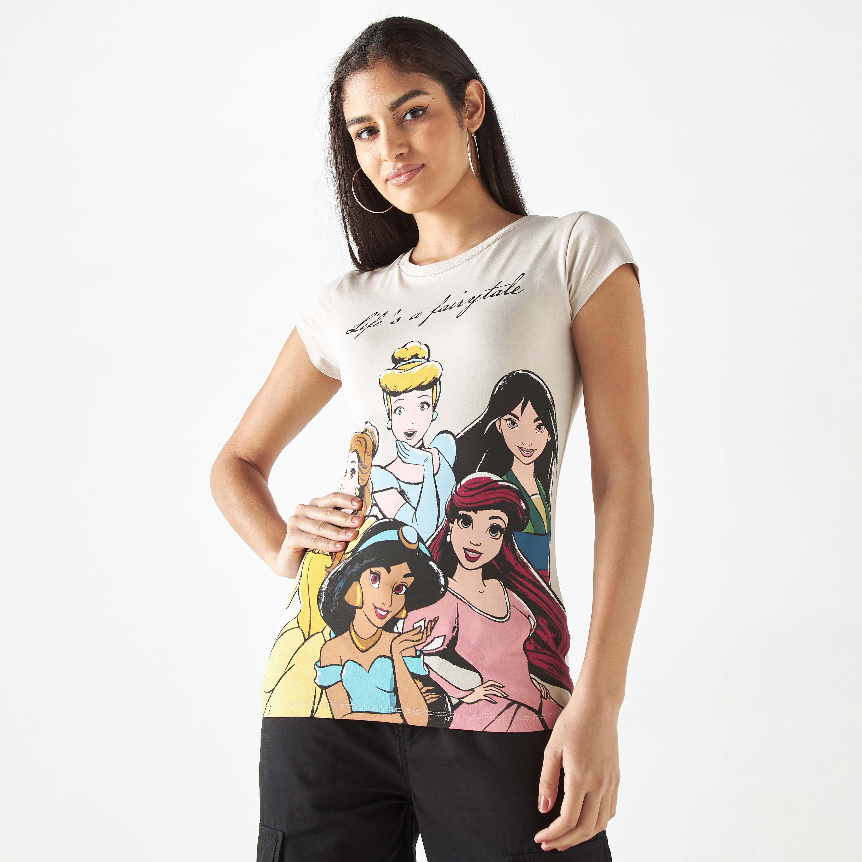 تيشيرت بياقة ضيقة وأكمام كاب وطبعات برينسيس من ديزني-women-clothing-tshirts-image-1