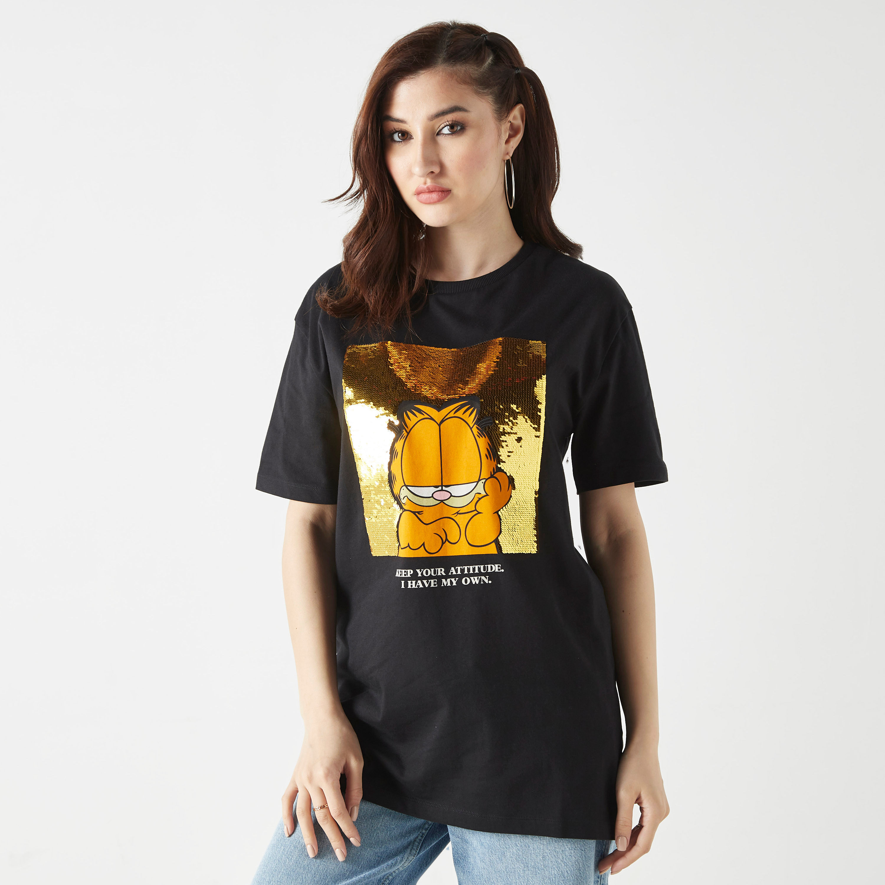 Garfield Embellished T-Shirt with Crew Neck and Short Sleeves-women-clothing-tshirts-image-1