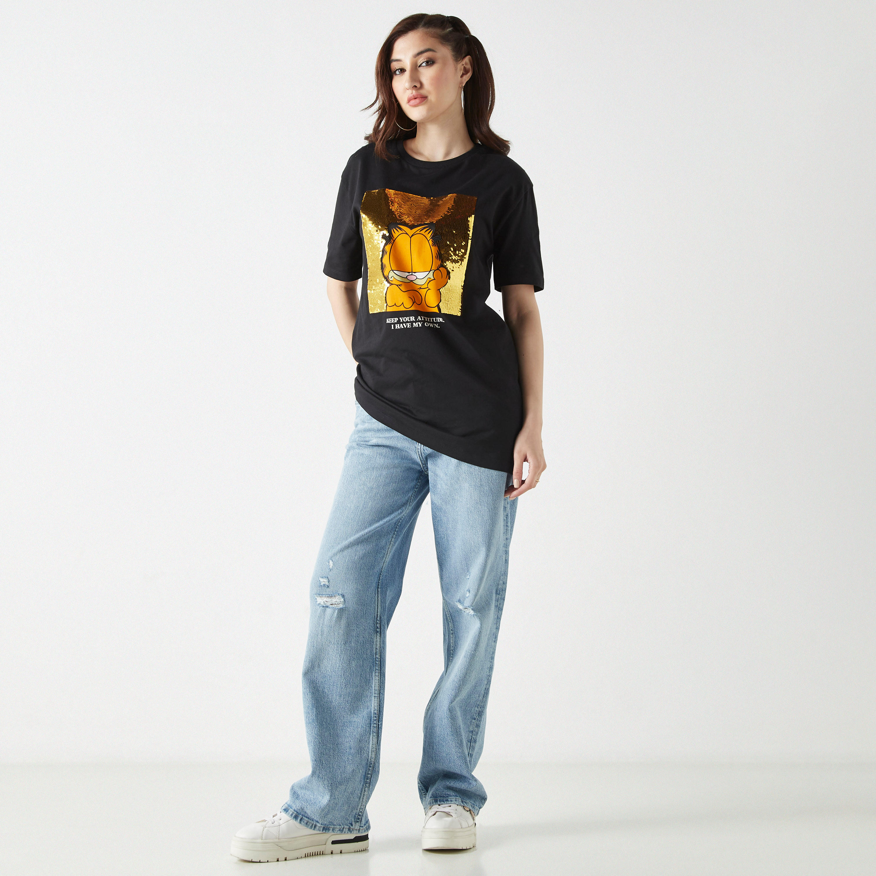 Garfield Embellished T-Shirt with Crew Neck and Short Sleeves-women-clothing-tshirts-image-2