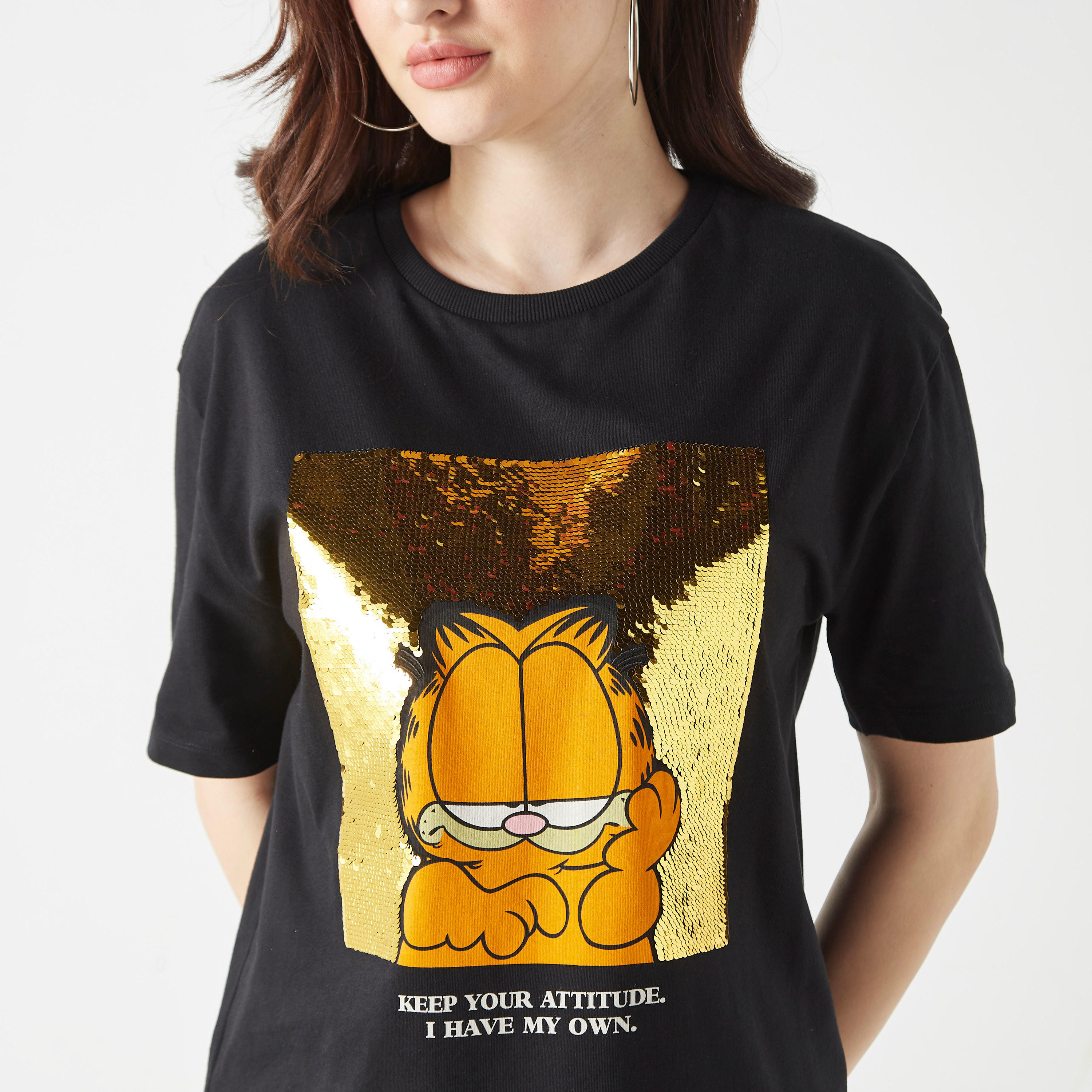 Garfield Embellished T-Shirt with Crew Neck and Short Sleeves-women-clothing-tshirts-image-4