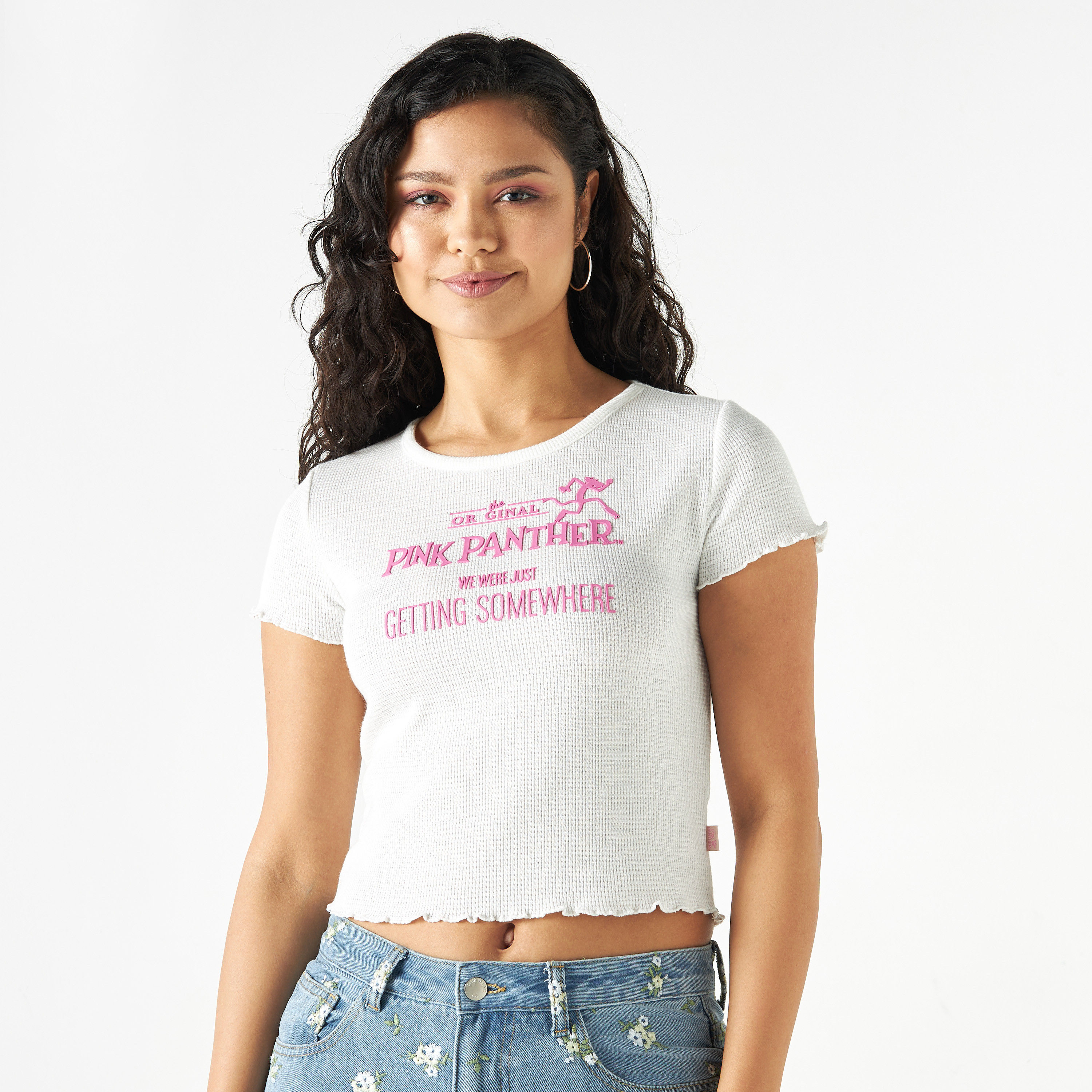 Pink Panther Embossed Crew Neck T-shirt with Short Sleeves-women-clothing-tshirts-image-1