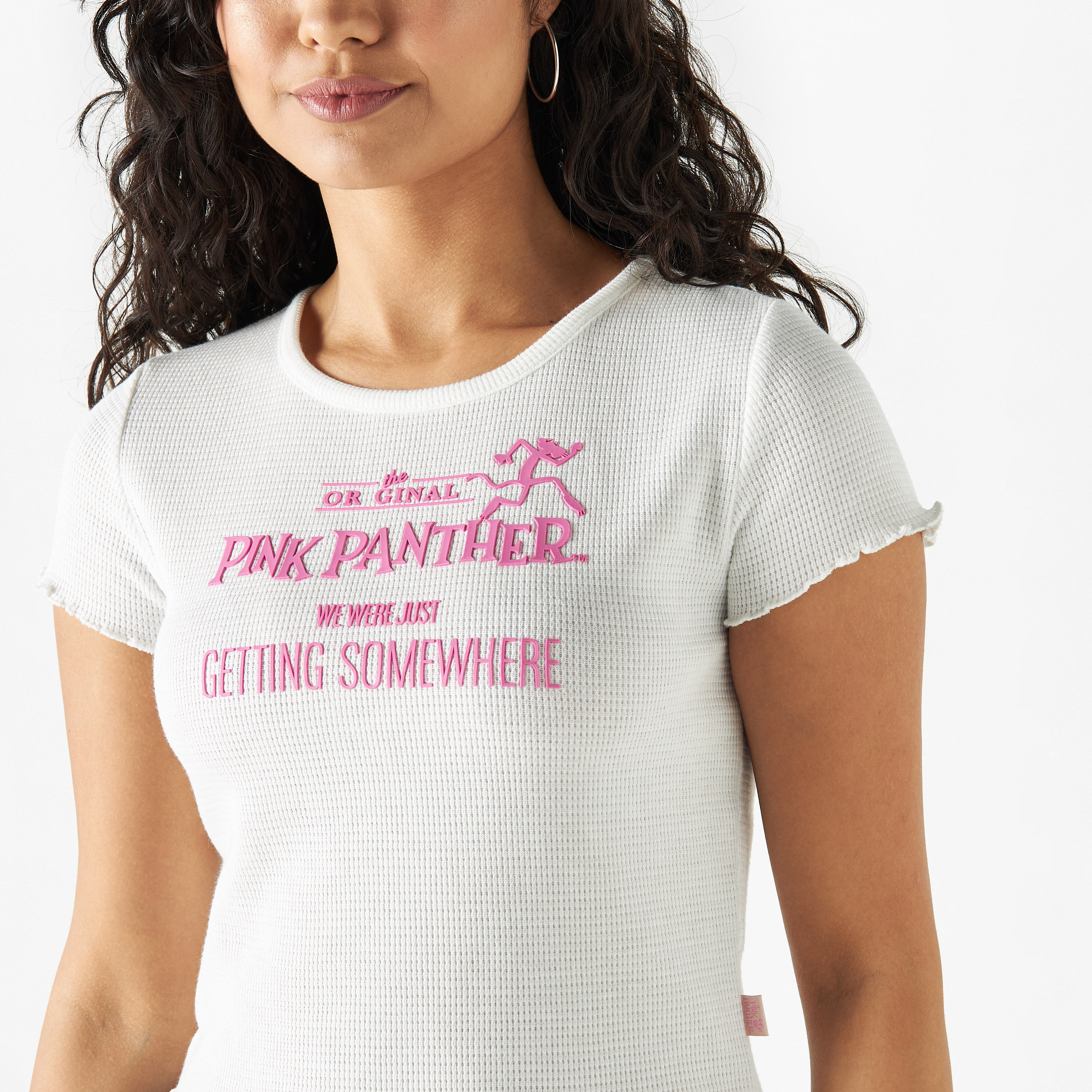 Pink Panther Embossed Crew Neck T-shirt with Short Sleeves-women-clothing-tshirts-image-4