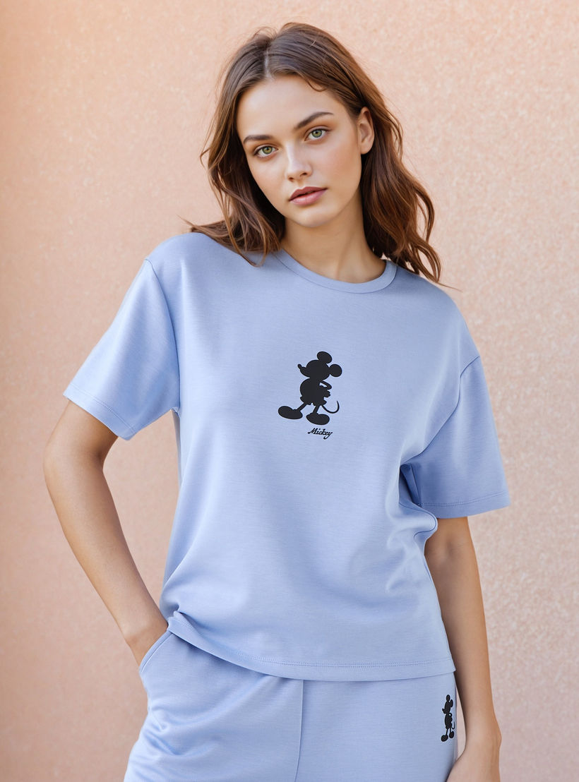 Mickey Mouse Print Round Neck T-shirt-women-clothing-coordsets-image-1
