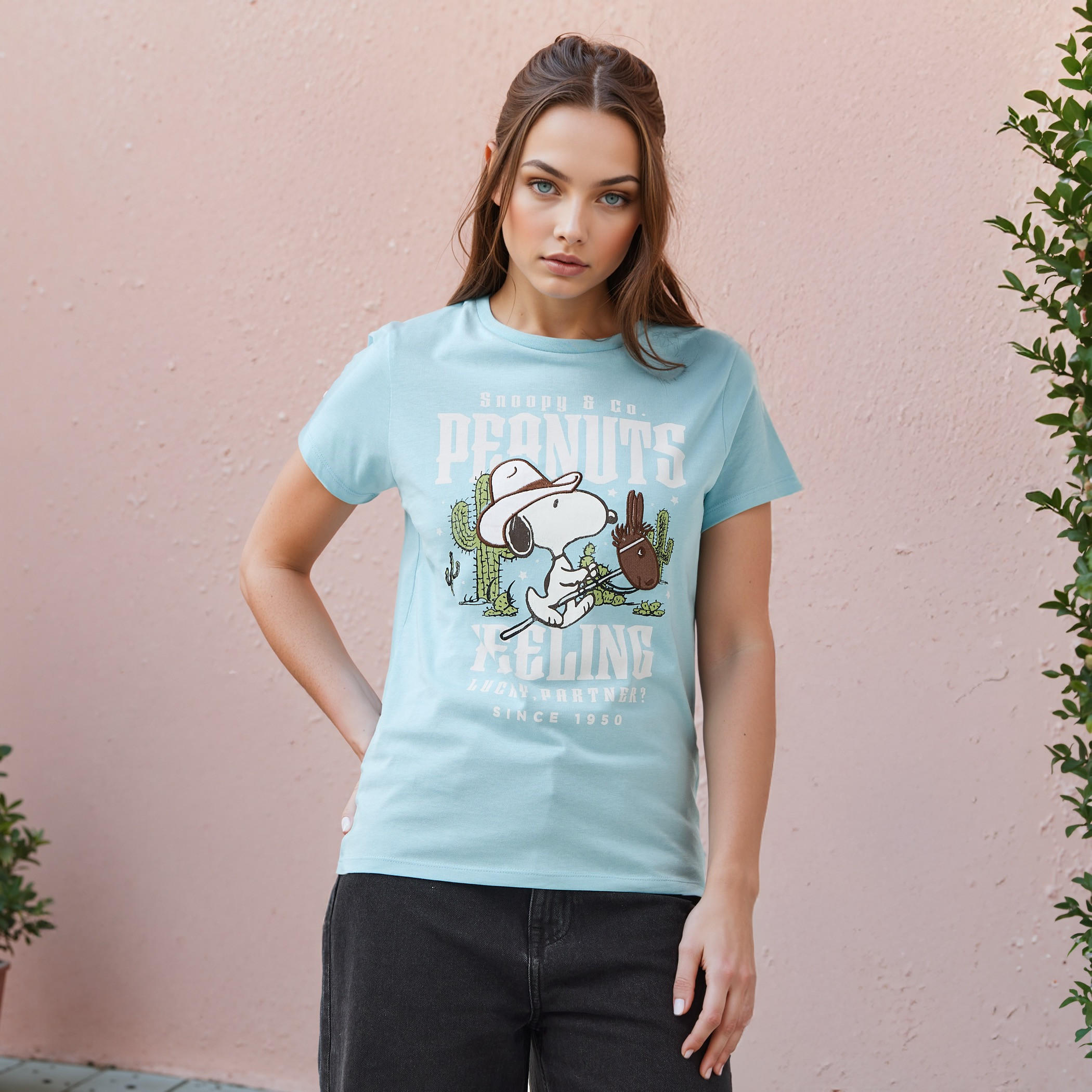 Peanuts Print Crew Neck T-shirt with Short Sleeves-women-clothing-tshirts-image-1